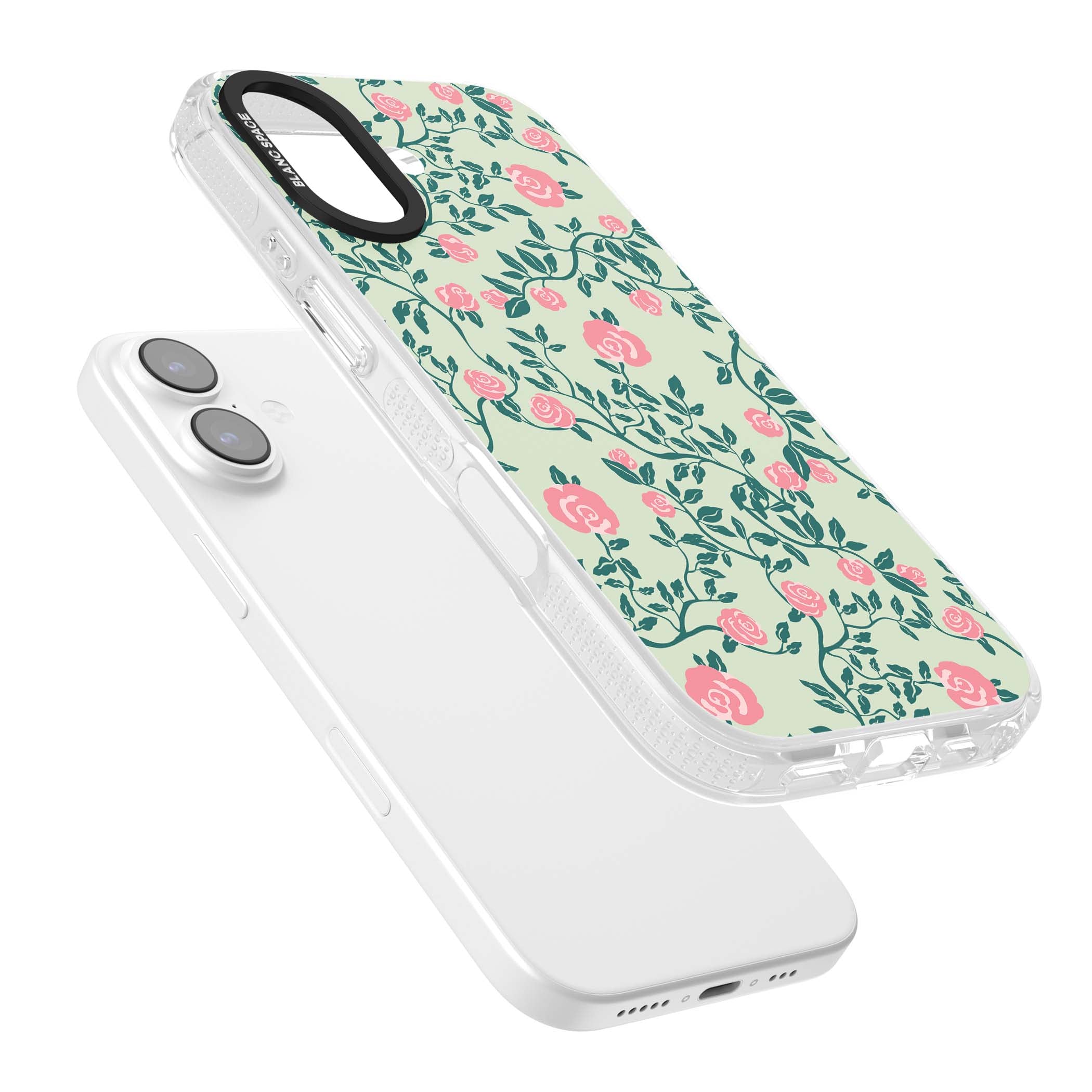 Rose Trellis cottagecore iPhone case featuring pink roses, sage green vines, and mint background | Clear Case Impact Air case for iPhone 17