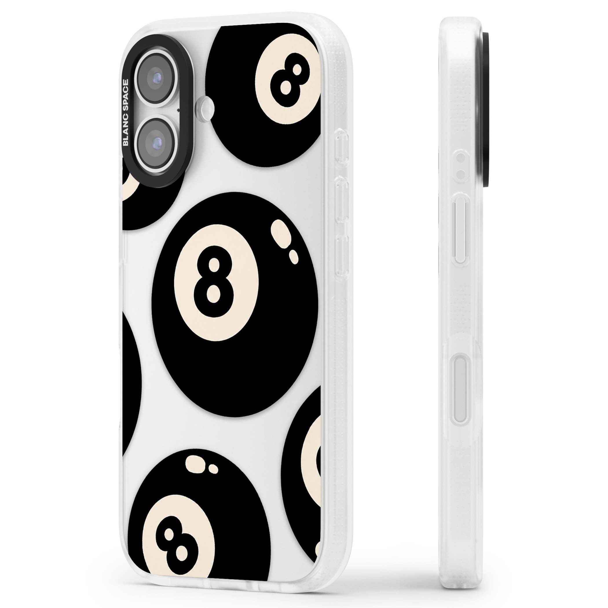 Eights y2k iPhone case featuring scattered black 8 balls with cream highlights on a clear background | Clear Case Impact Air case for iPhone 17