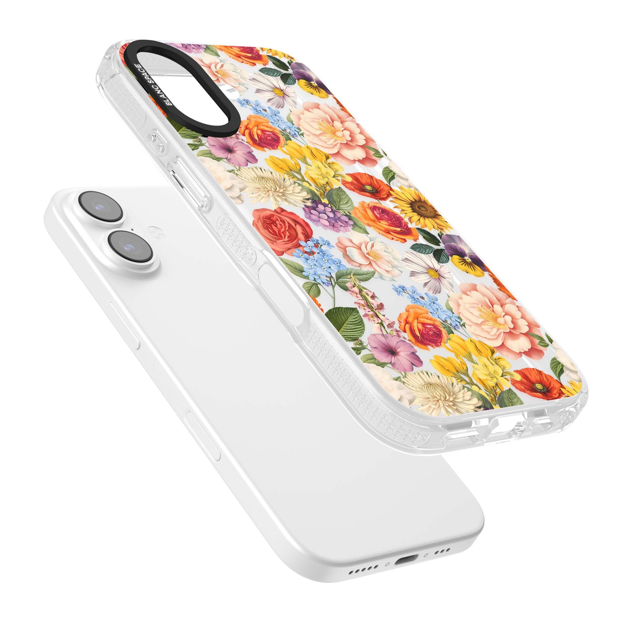 Bloom Basket floral iPhone case featuring cottage garden flowers including peonies, sunflowers, and wildflowers in pastel col | Clear Case Impact Air case for iPhone 17
