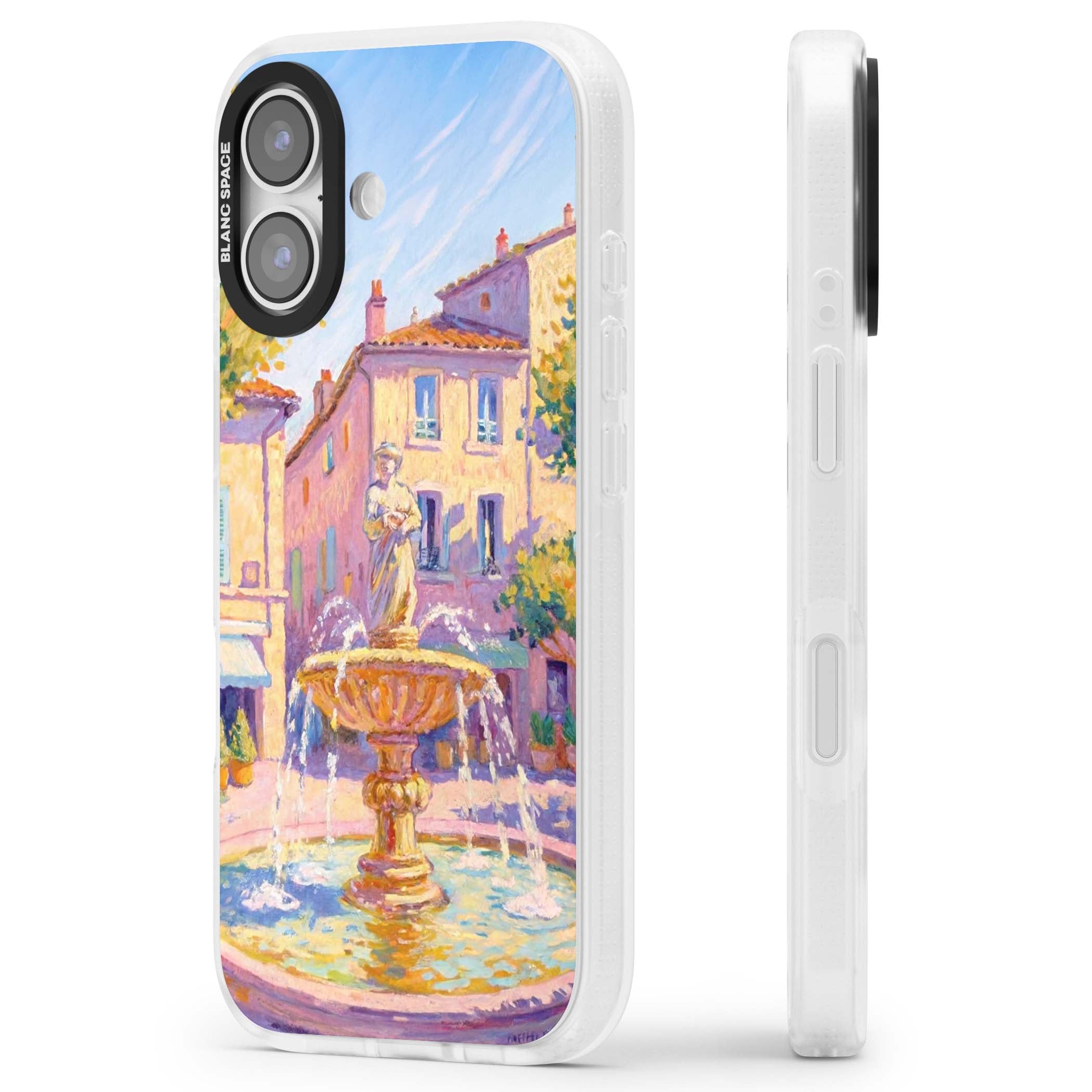 Fountain Square fine art iPhone case featuring an impressionist Provençal fountain, pastel village buildings and summe | Clear Case Impact Air case for iPhone 17