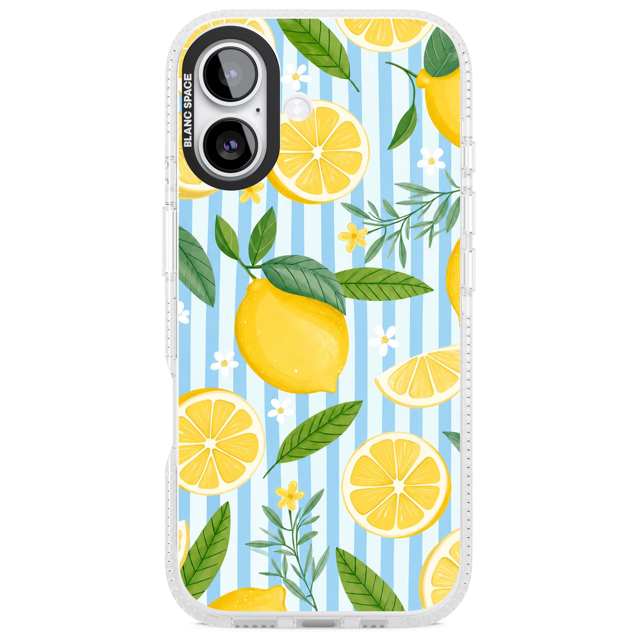 Capri Citrus Stripe coastal iPhone case featuring yellow lemons, blue stripes, and white daisy blossoms | Clear Case Impact Air case for iPhone 17