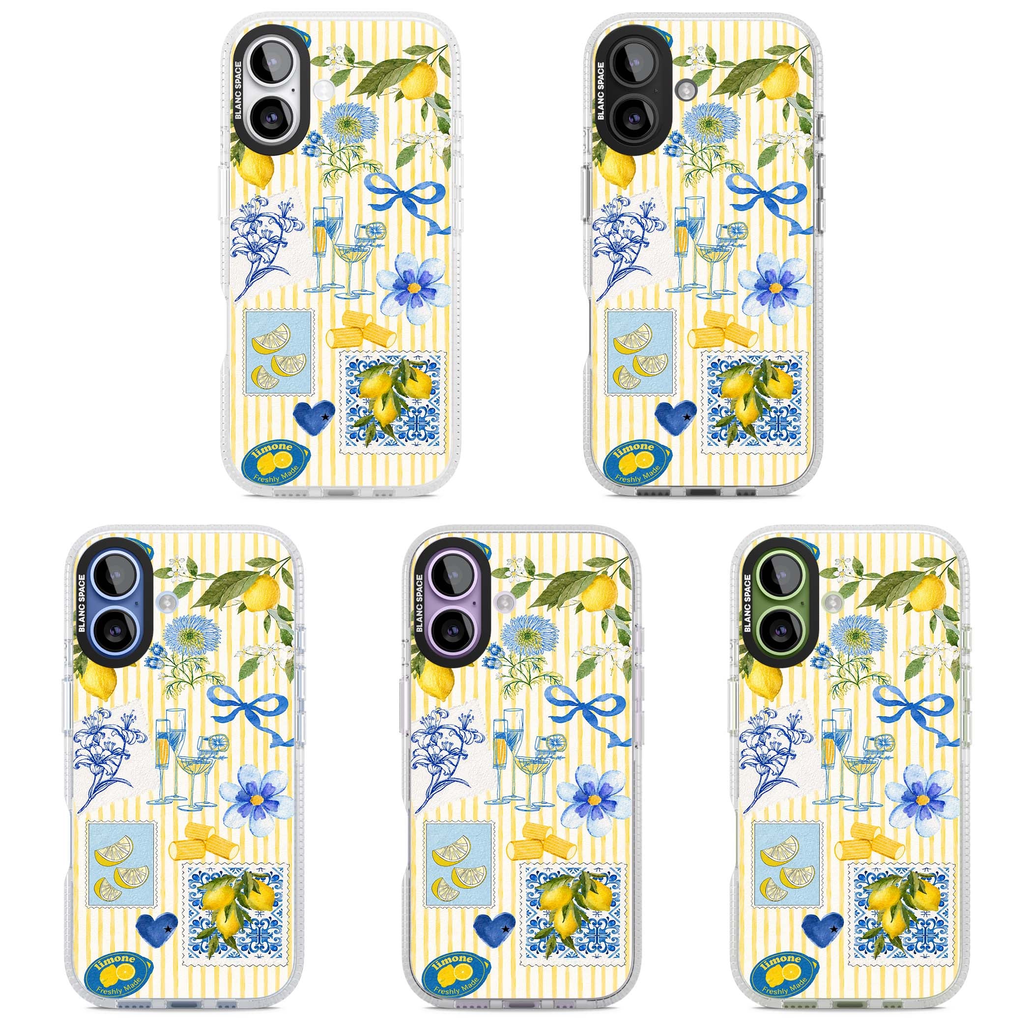 Limone Riviera Italian summer iPhone case featuring watercolour lemons, blue ribbon bows and majolica tile stamps on... | Clear Case Impact Air case for iPhone 17