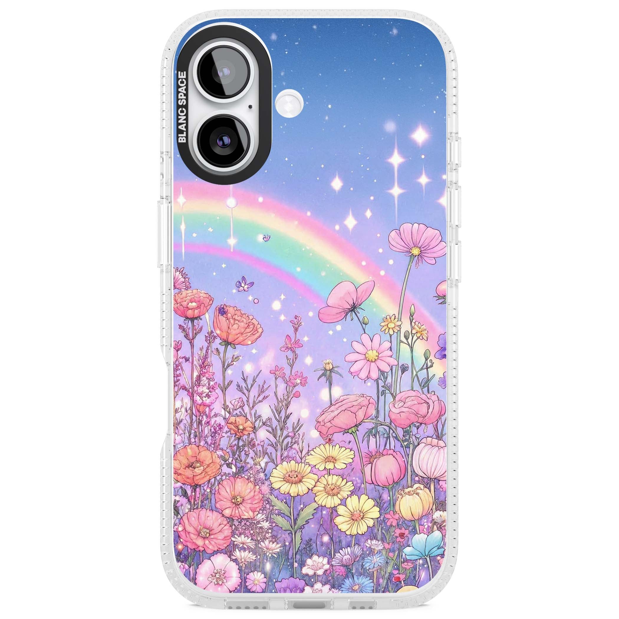 Magical Meadow fairycore iPhone case featuring a pastel rainbow, sparkling stars and a wildflower meadow | Clear Case Impact Air case for iPhone 17