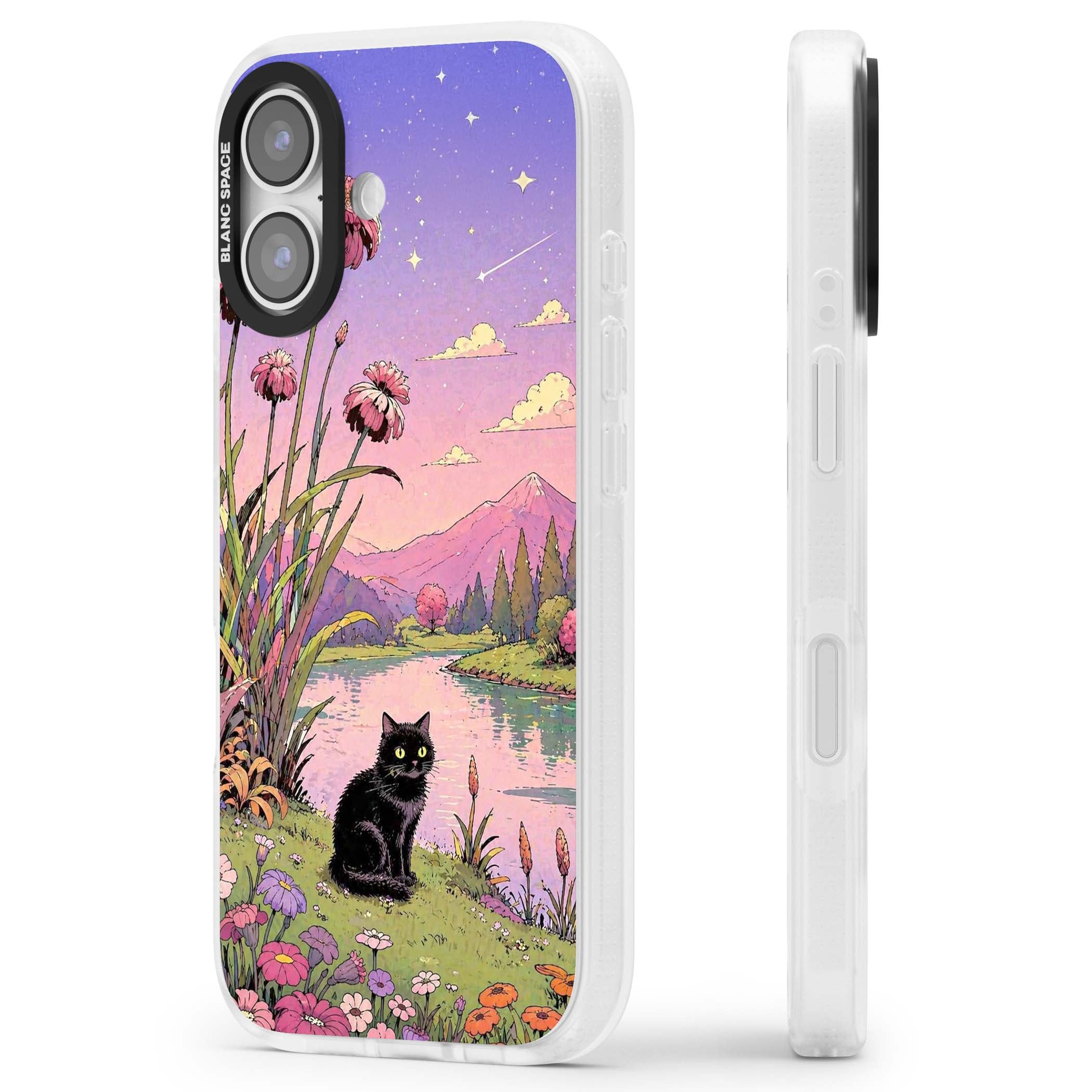 Mystic Whiskers ghibli iPhone case featuring a black cat by a pastel lake, wildflowers and a starry sunset sky | Clear Case Impact Air case for iPhone 17