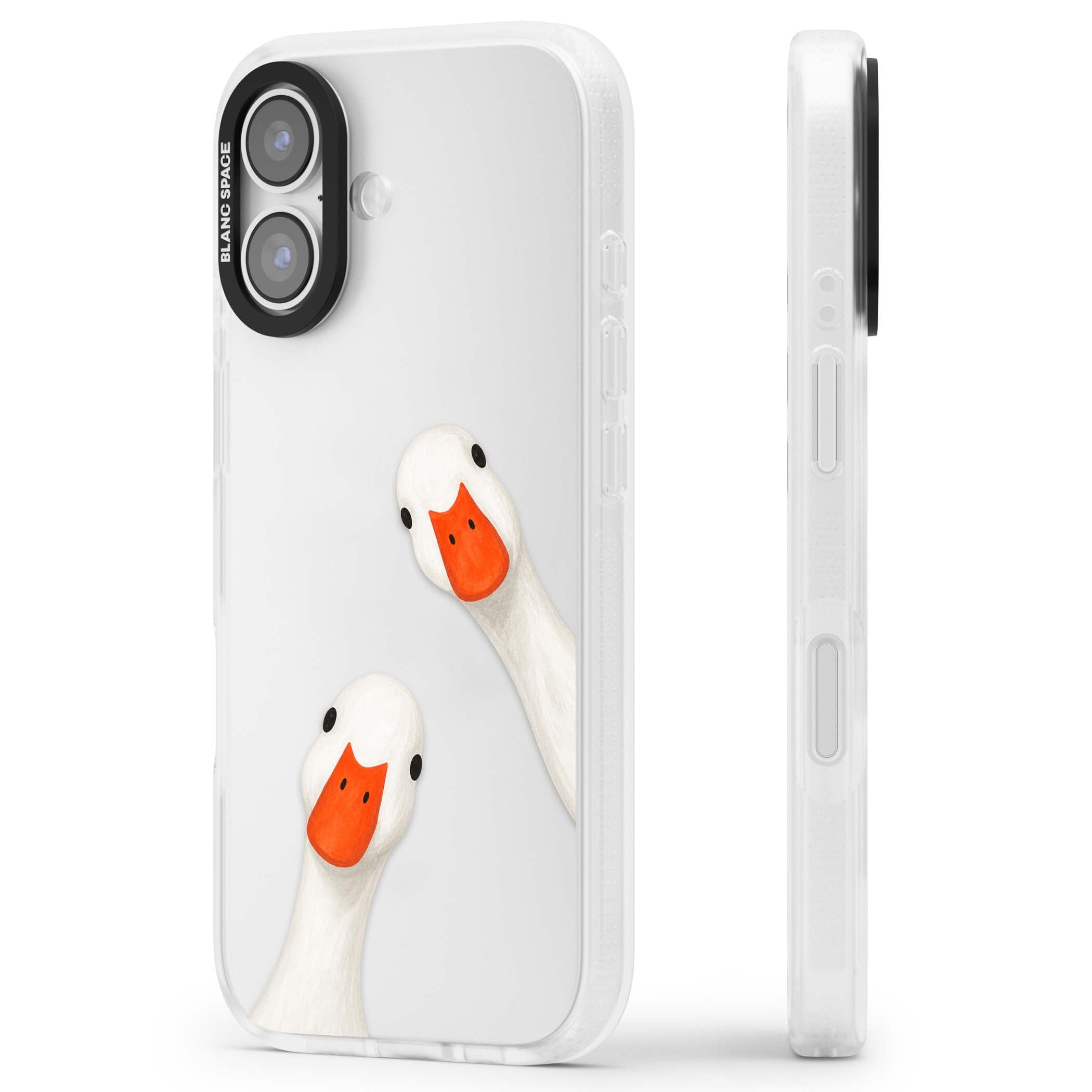 Nosy Ducks cottagecore iPhone case featuring two peeking white ducks with orange beaks on a clear background | Clear Case Impact Air case for iPhone 17