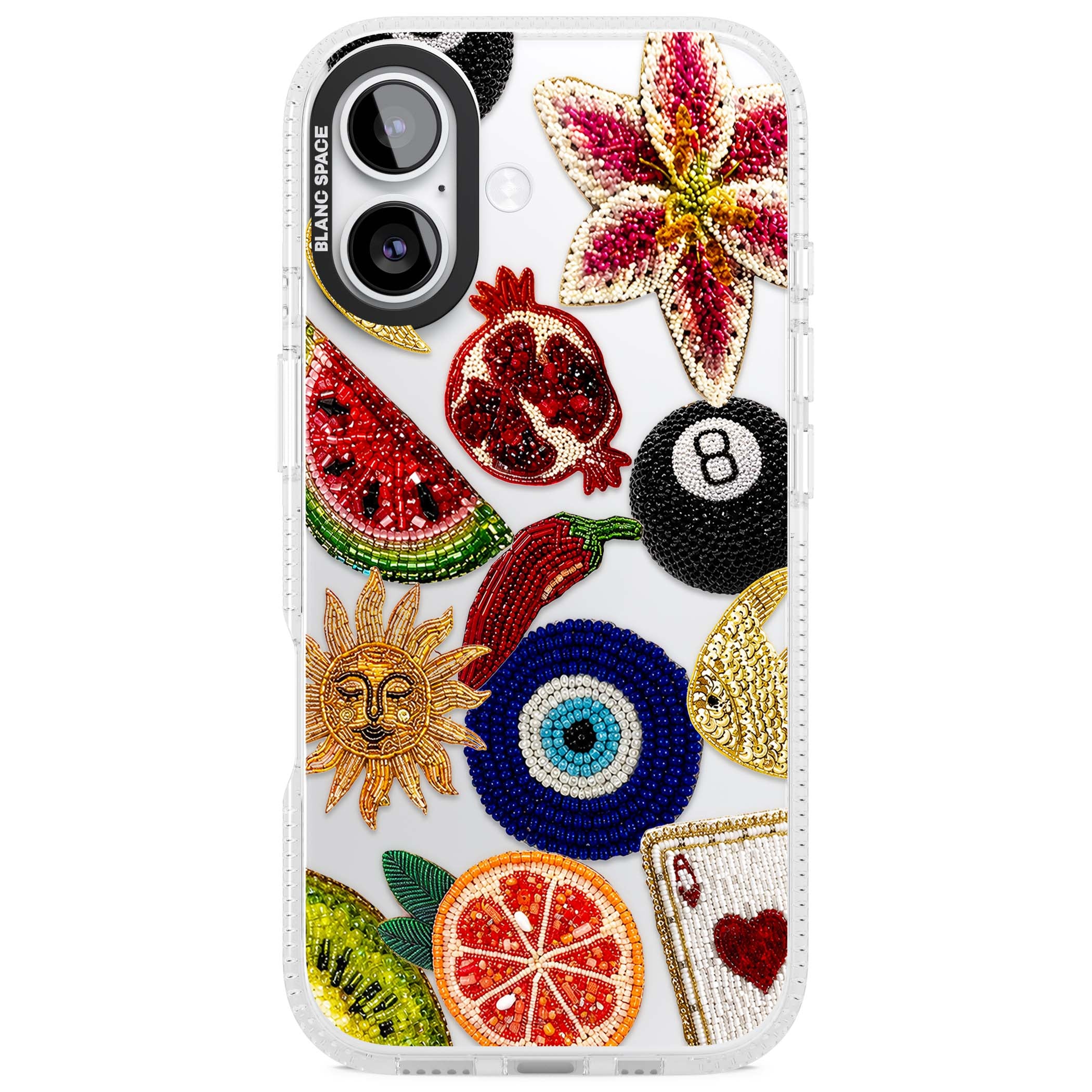 Beaded Charms embroidery iPhone case featuring beaded evil eye, fruit patches and a golden sun motif | Clear Case Impact Air case for iPhone 17