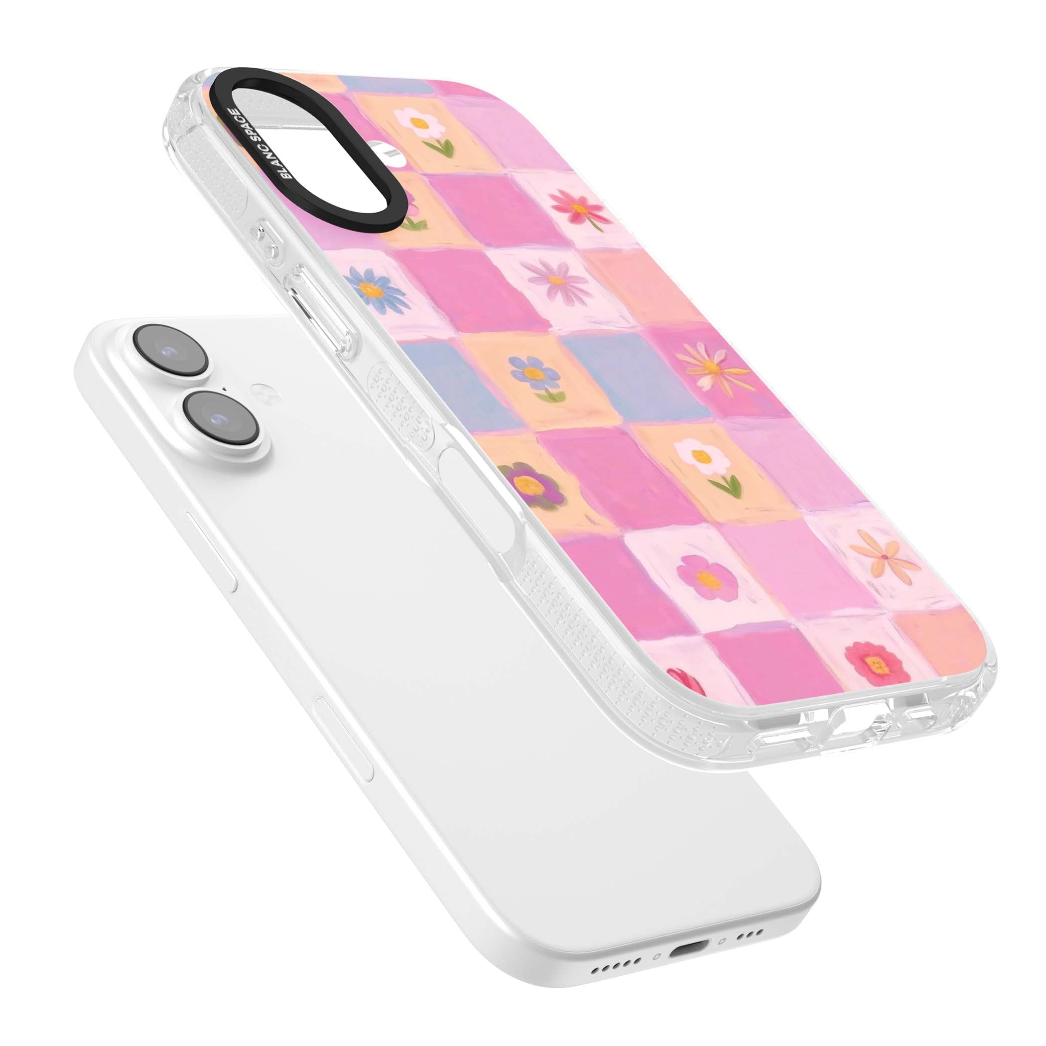Pastel Flower Patchwork cottagecore iPhone case featuring painted pink and lilac squares with daisies and wildflowers | Clear Case Impact Air case for iPhone 17