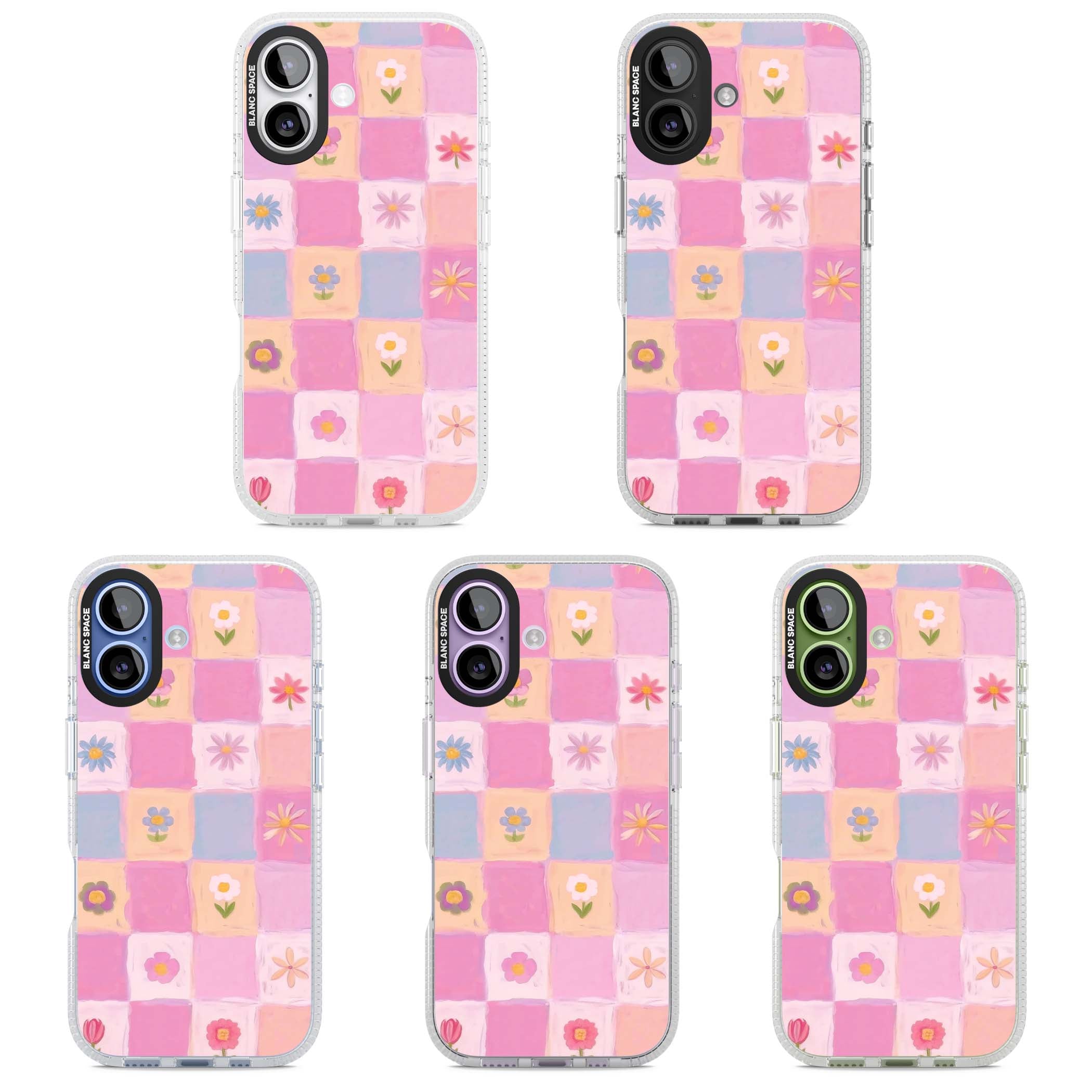 Pastel Flower Patchwork cottagecore iPhone case featuring painted pink and lilac squares with daisies and wildflowers | Clear Case Impact Air case for iPhone 17