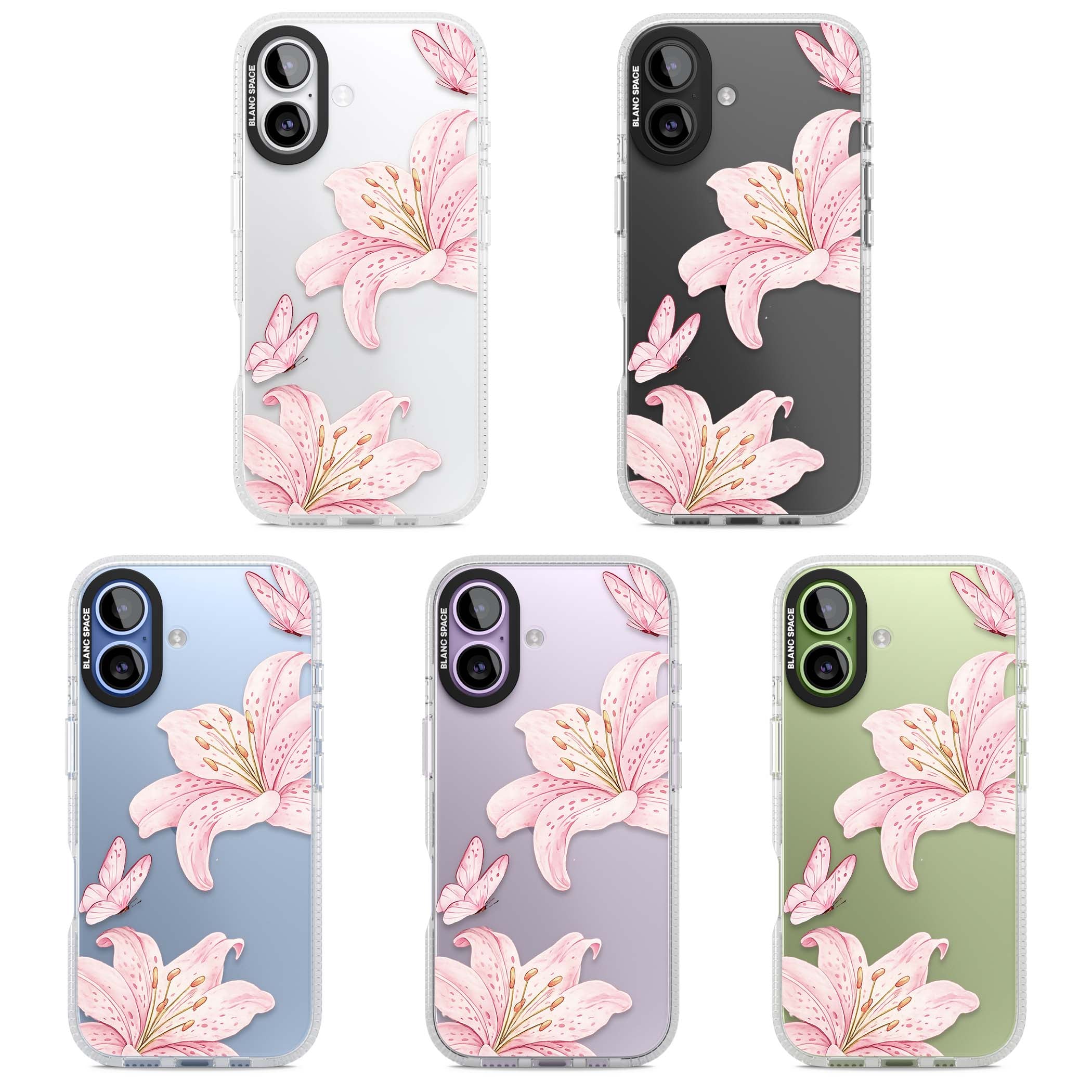 Lily Whisper floral iPhone case featuring pink watercolour lilies and delicate butterflies on a clear background | Clear Case Impact Air case for iPhone 17