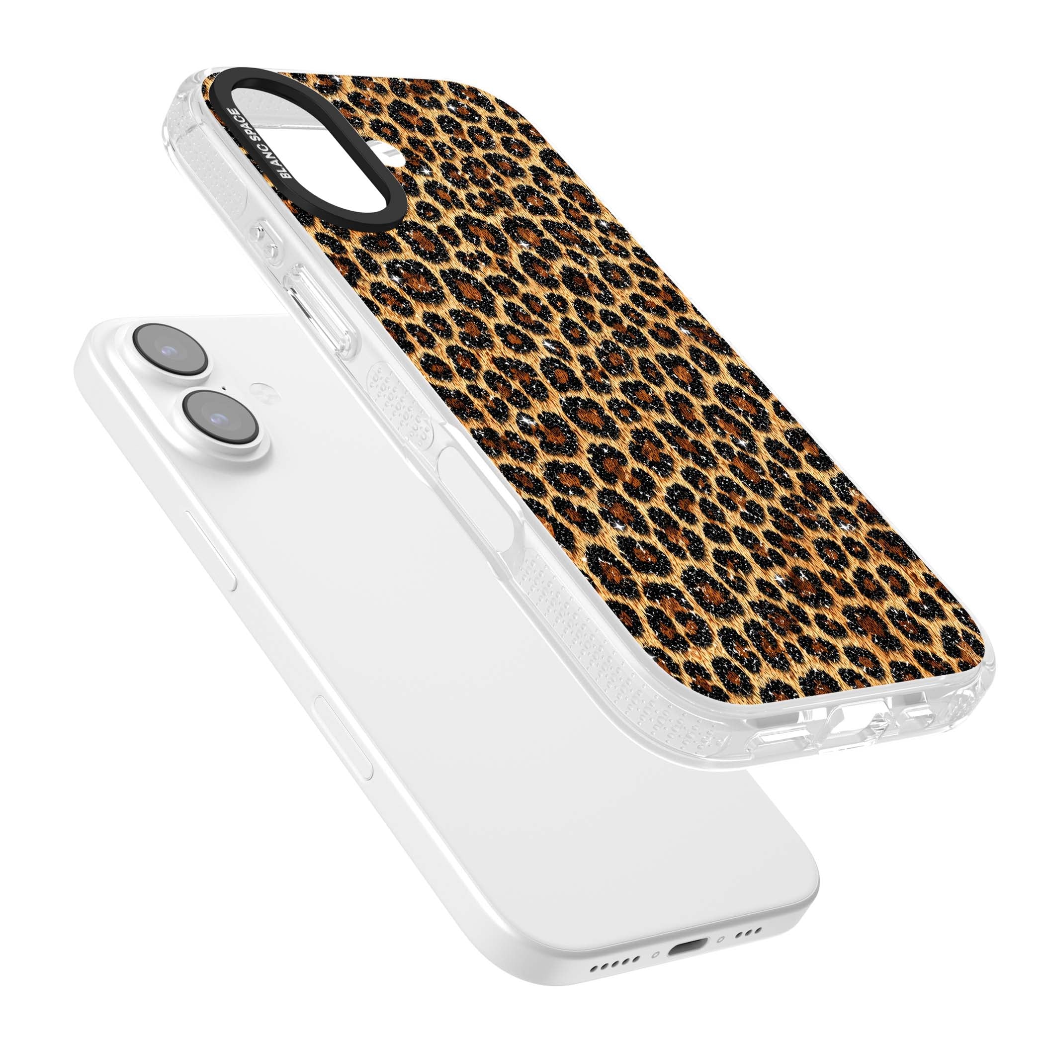 Diamond Leopard leopard print iPhone case featuring golden tan fur, black rosette spots and subtle glitter sparkle | Clear Case Impact Air case for iPhone 17