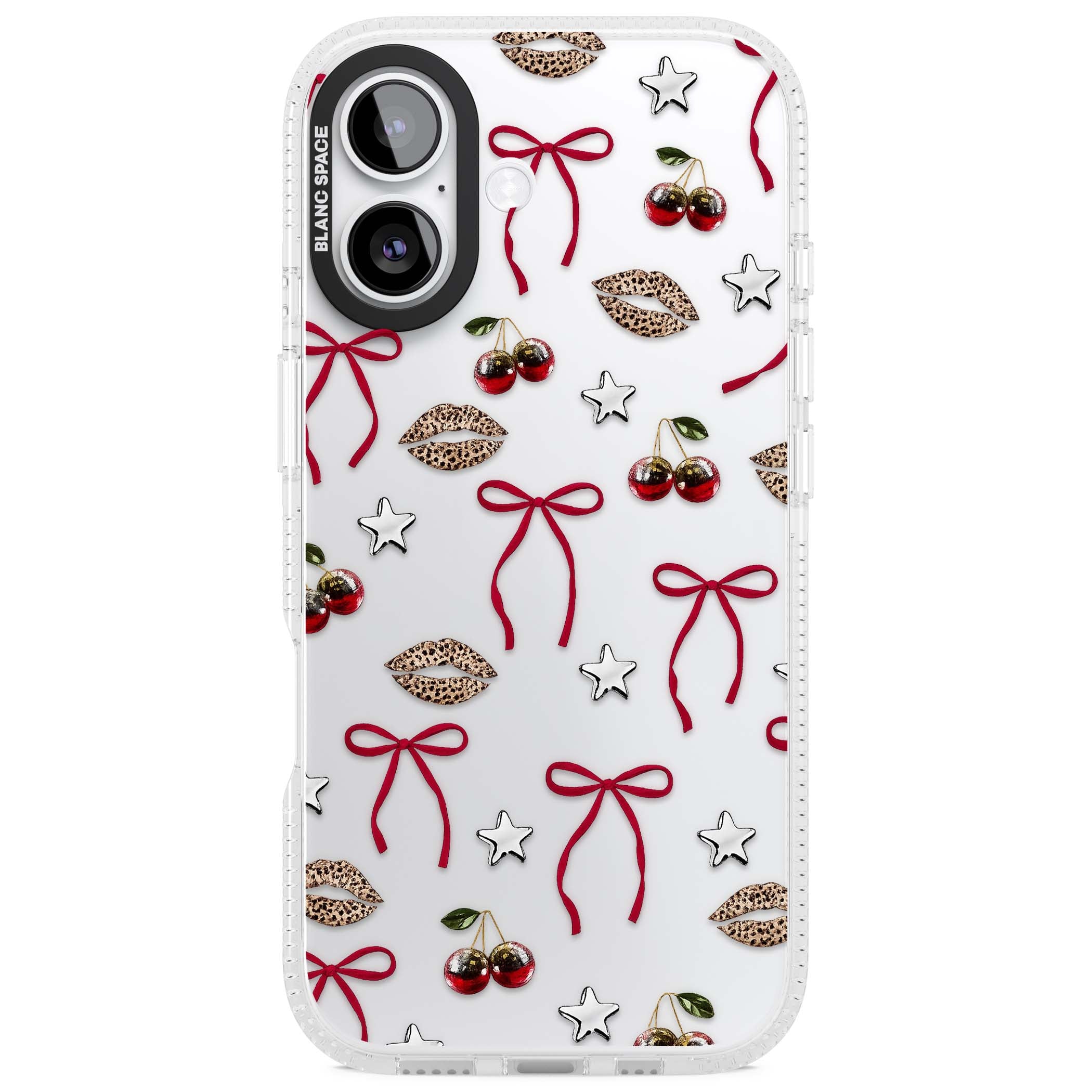 Starlet coquette iPhone case featuring red ribbon bows, disco cherries and leopard-print lips | Clear Case Impact Air case for iPhone 17
