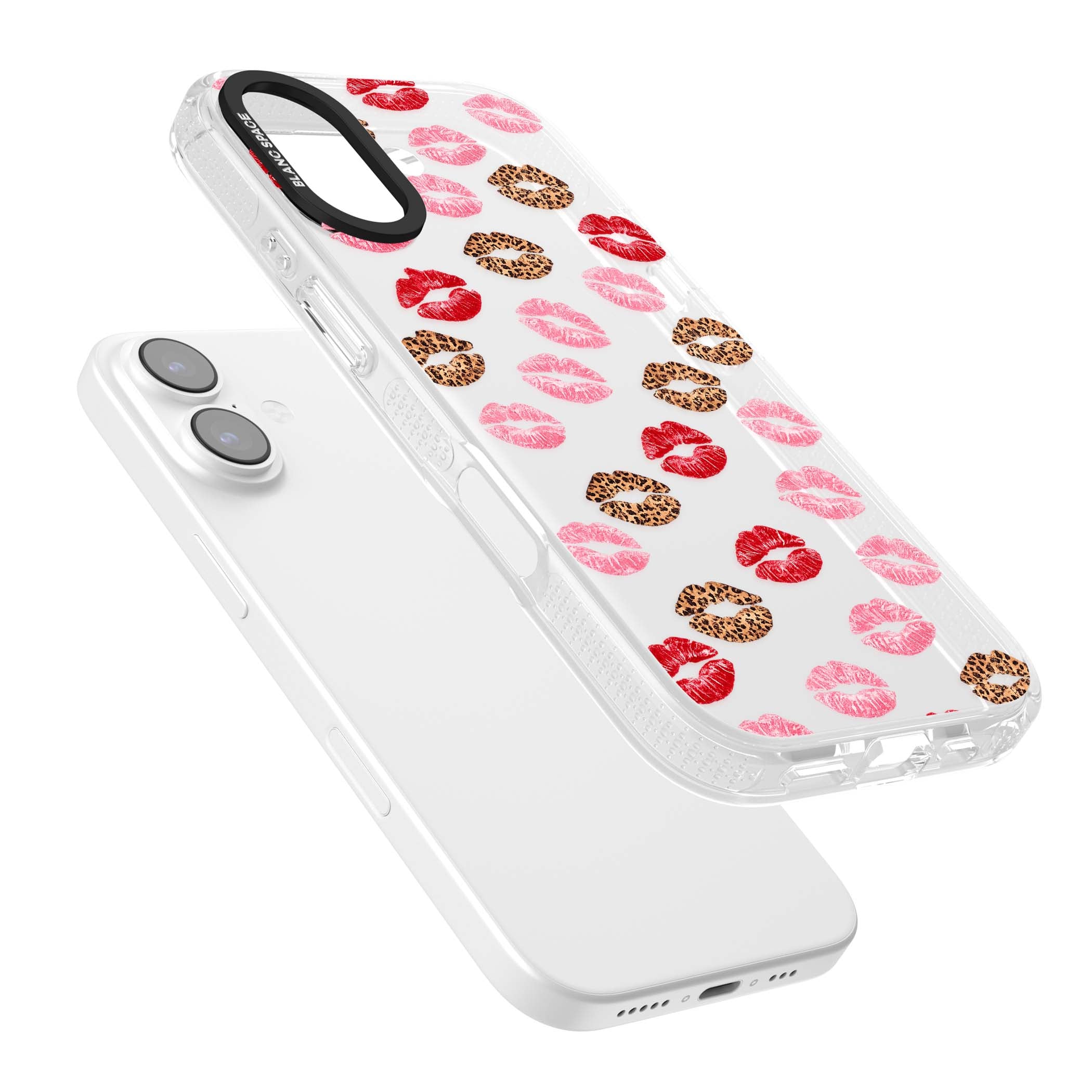 Wild Kisses coquette iPhone case featuring red, pink and leopard print lipstick kiss marks on a clear background | Clear Case Impact Air case for iPhone 17