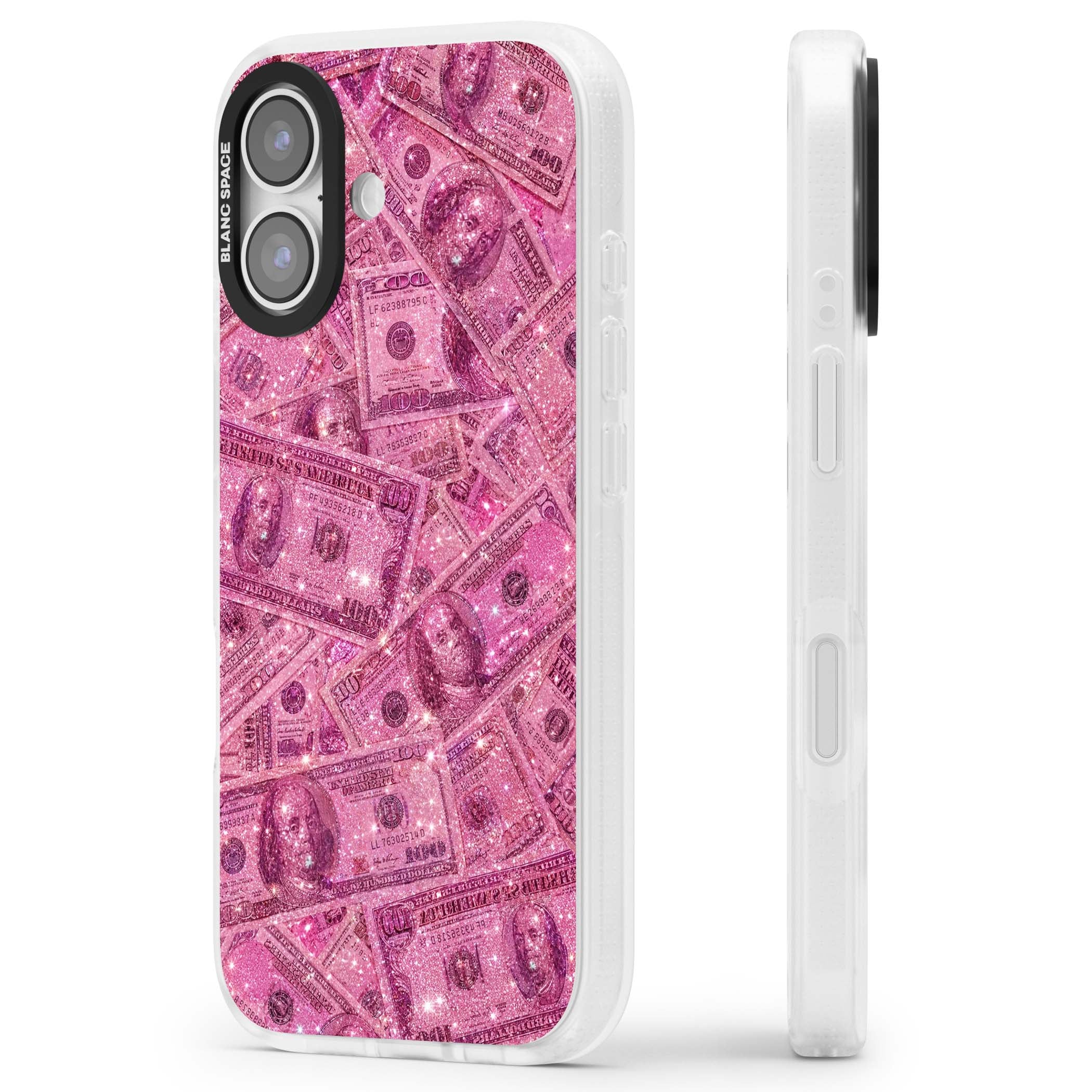 Glamorous baddie iPhone case featuring pink glitter hundred dollar bills and sparkling money wallpaper design | Clear Case Impact Air case for iPhone 17