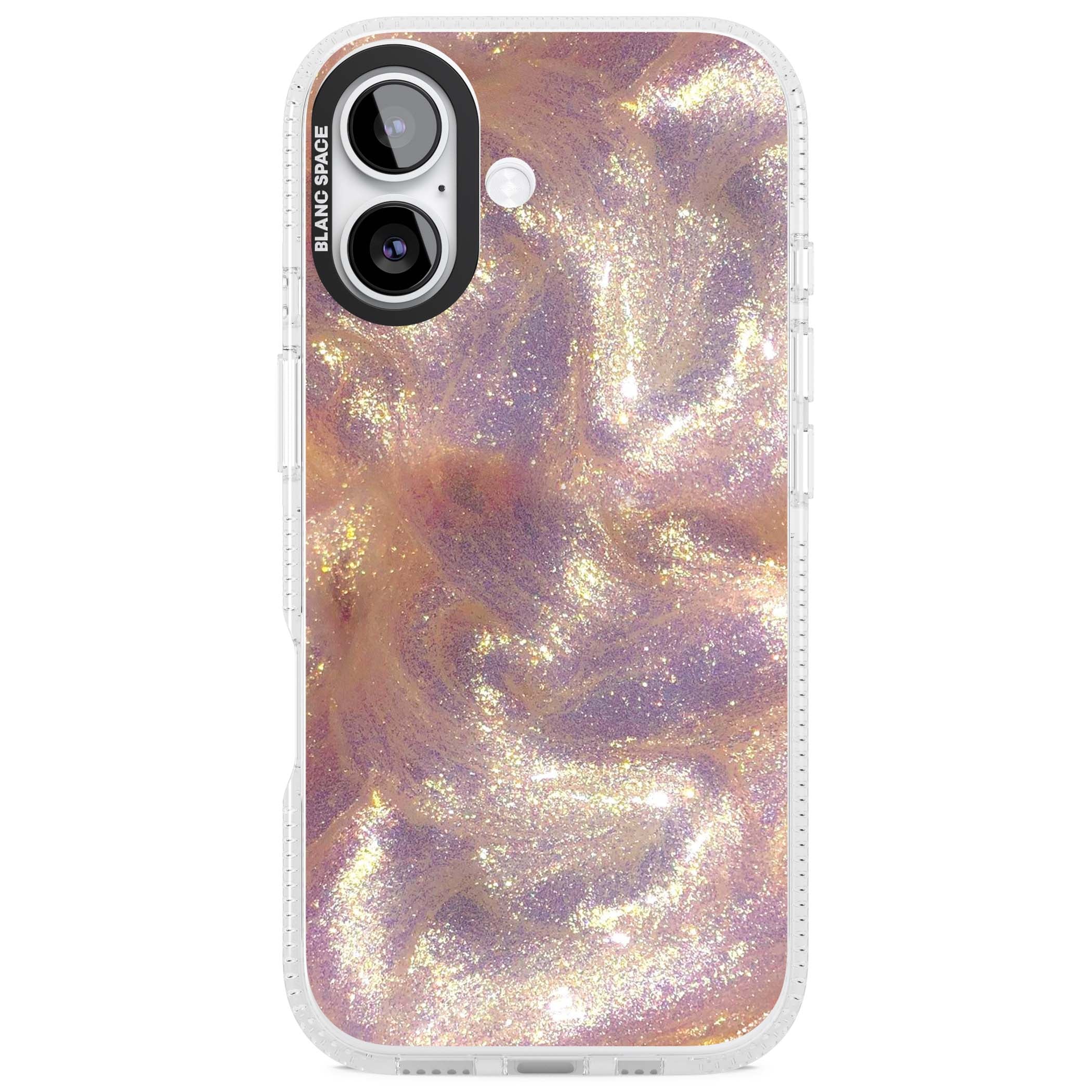 Shimmer marble iPhone case featuring rose gold glitter swirls, lilac shimmer and iridescent pearl finish | Clear Case Impact Air case for iPhone 17