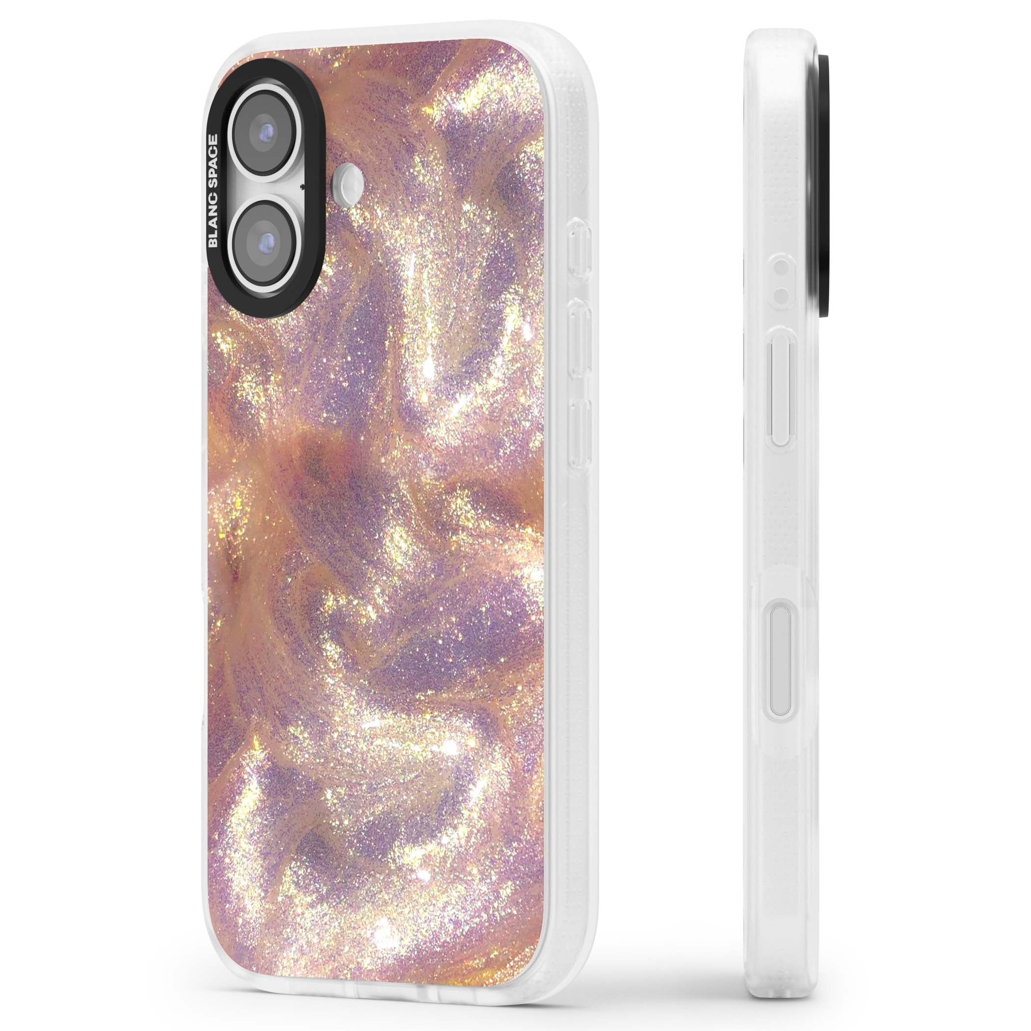 Shimmer marble iPhone case featuring rose gold glitter swirls, lilac shimmer and iridescent pearl finish | Clear Case Impact Air case for iPhone 17