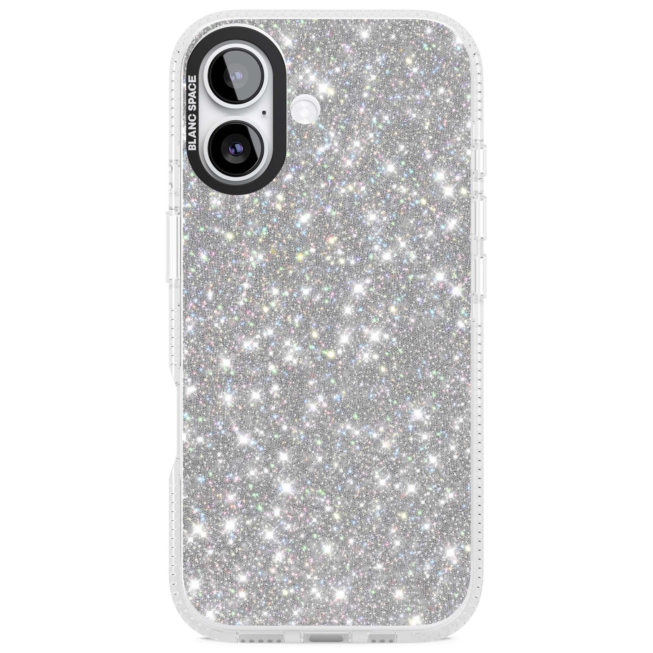 Diamond glam iPhone case featuring silver glitter sparkle and shimmering diamond dust effect | Clear Case Impact Air case for iPhone 17