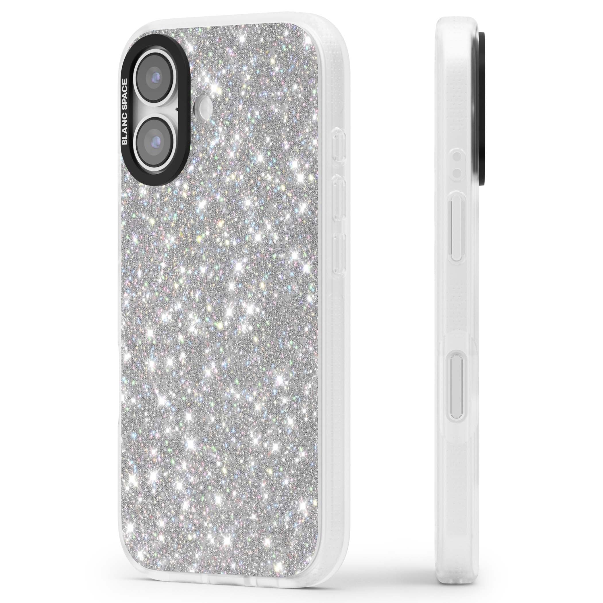 Diamond glam iPhone case featuring silver glitter sparkle and shimmering diamond dust effect | Clear Case Impact Air case for iPhone 17