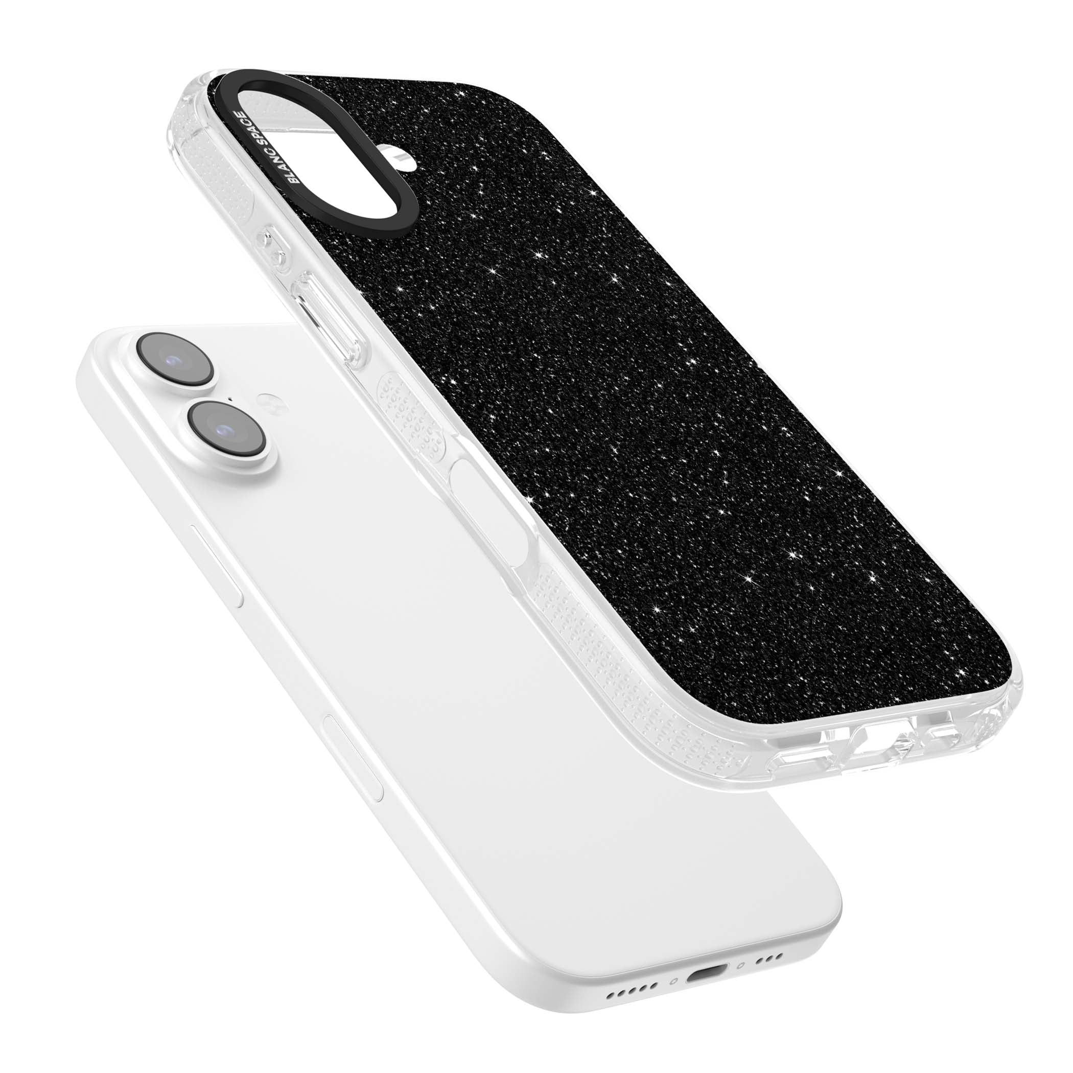 Black Glitter black glitter iPhone case featuring an all-over sparkly shimmer pattern on a jet black base | Clear Case Impact Air case for iPhone 17