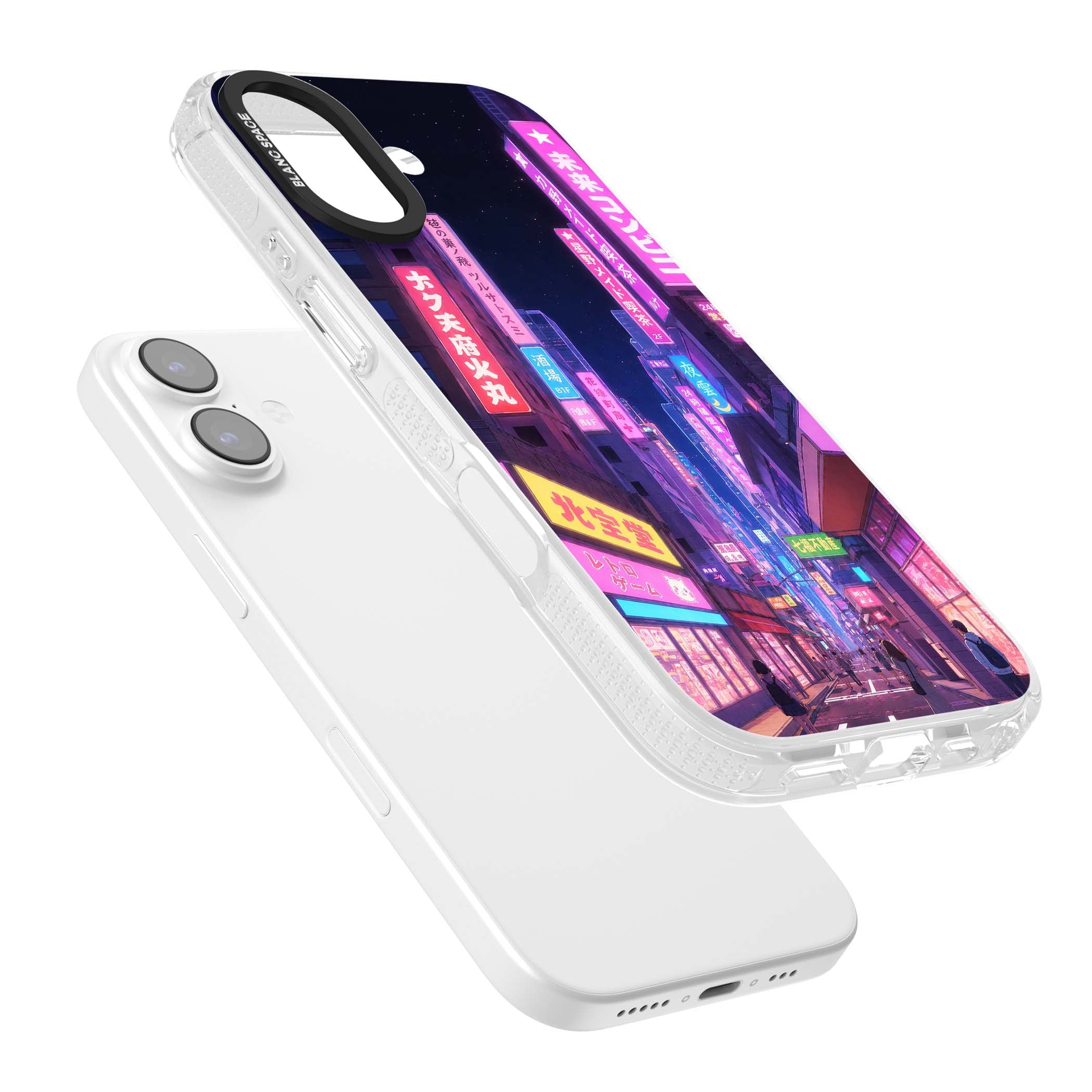 Shibuya At Night Japanese neon city iPhone case featuring glowing kanji signs, pink storefronts and a Tokyo street at n | Clear Case Impact Air case for iPhone 17