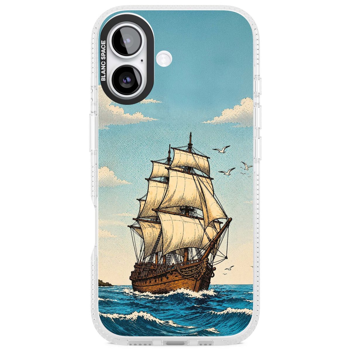 Ship at Sea nautical iPhone case featuring a vintage tall ship, ocean waves and seagulls | Clear Case Impact Air case for iPhone 17