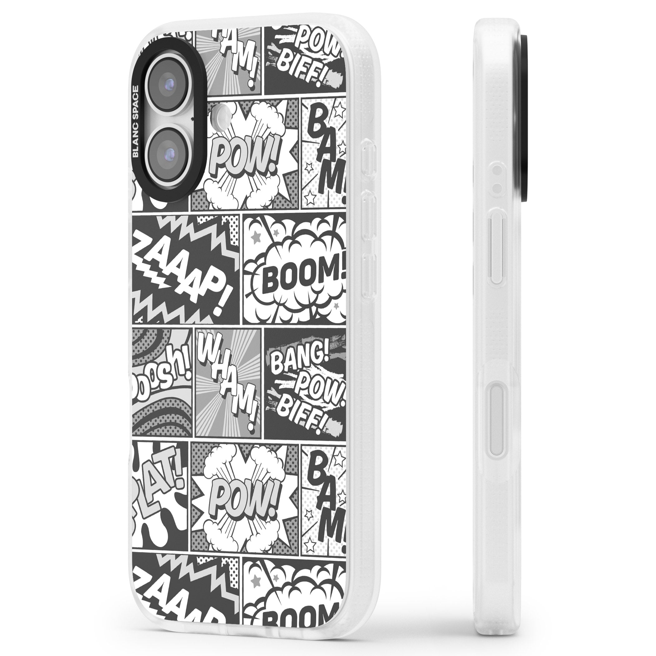Onomatopoeia (Black & White) iPhone 17 Impact Air Clear Phone Case Side Profile