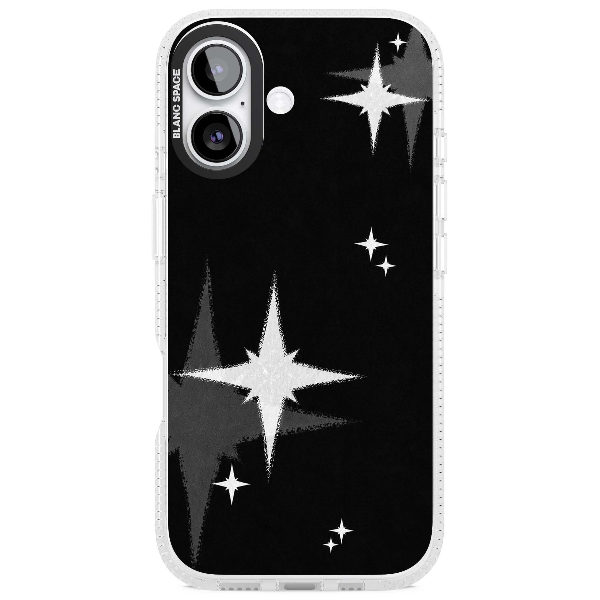 Black Sparkle celestial iPhone case featuring white sparkle stars on a black night sky background | Clear Case Impact Air case for iPhone 17