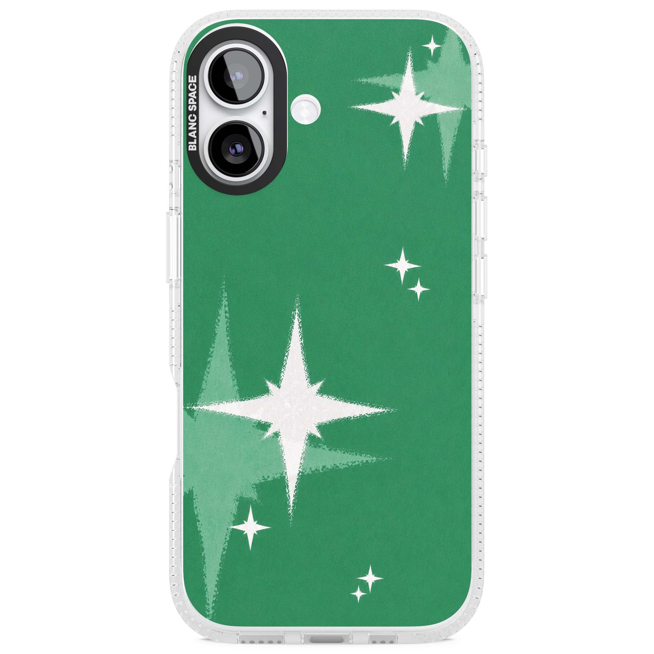 Green Sparkle celestial iPhone case featuring sparkling white four-point stars on a deep green background | Clear Case Impact Air case for iPhone 17
