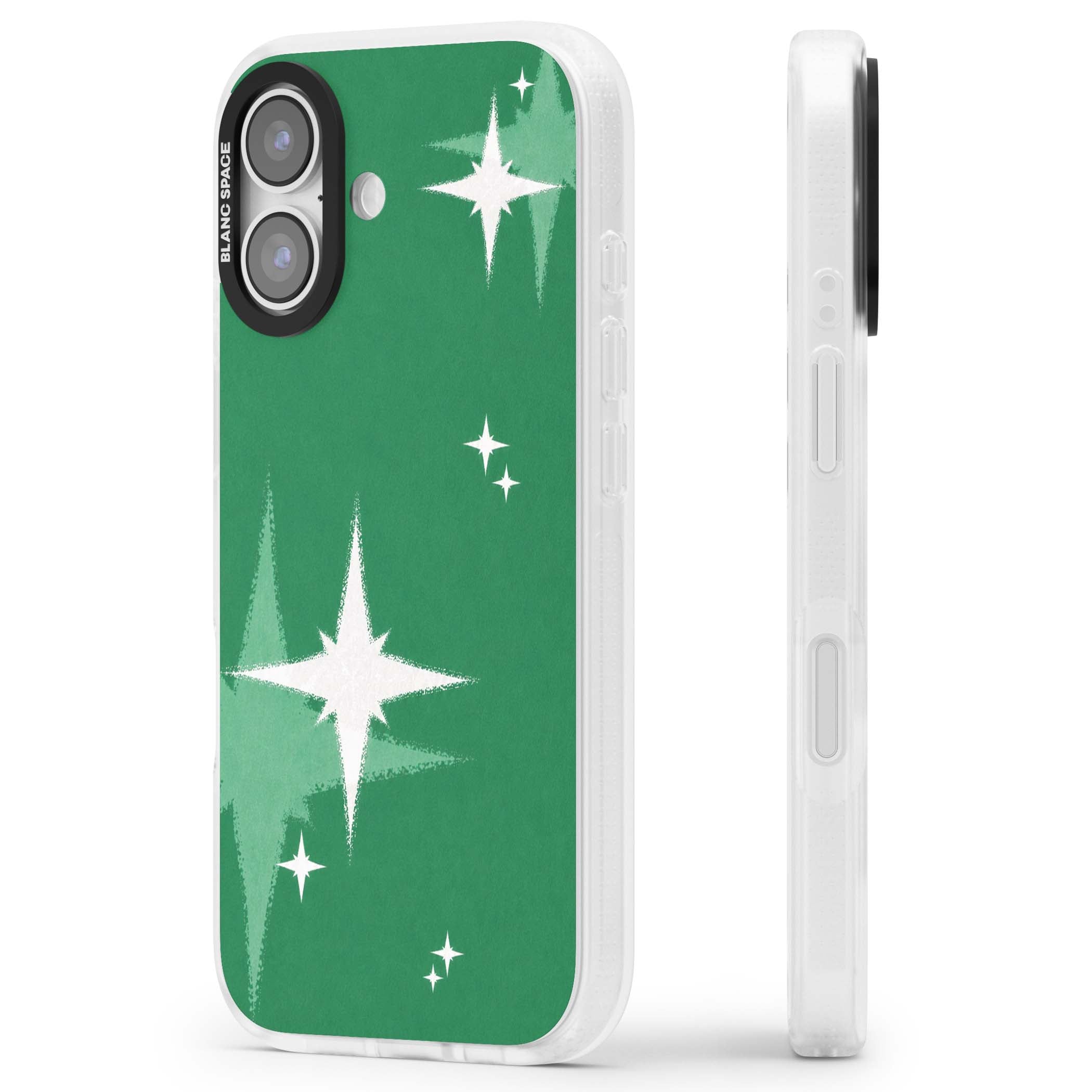 Green Sparkle celestial iPhone case featuring sparkling white four-point stars on a deep green background | Clear Case Impact Air case for iPhone 17