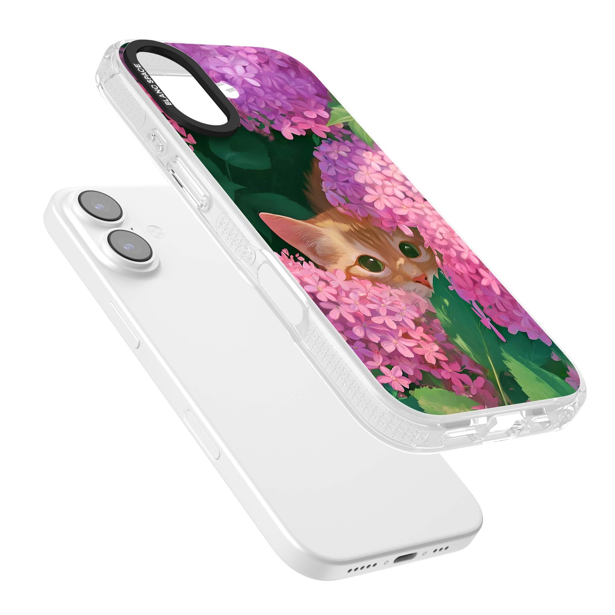 Cat In Pink Flowers cottagecore iPhone case featuring a ginger kitten peeking through lilac and pink hydrangea flo | Clear Case Impact Air case for iPhone 17