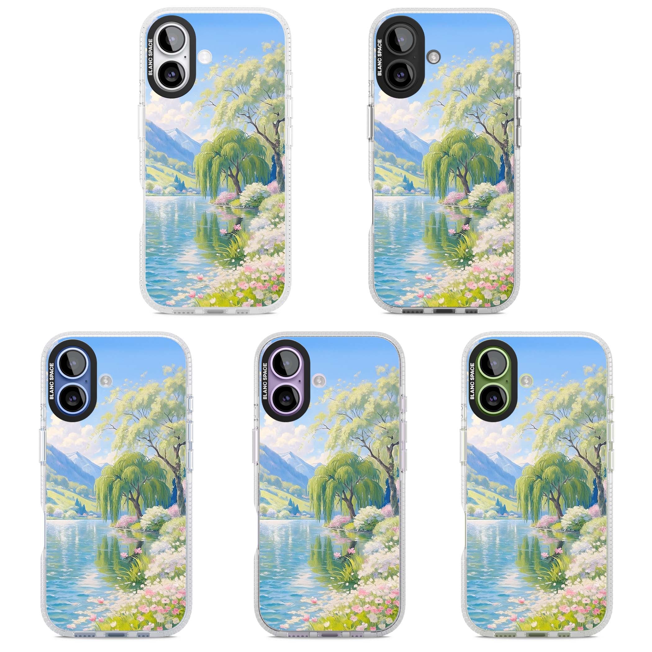Willow Lake cottagecore iPhone case featuring a painted lakeside with weeping willow, blossoms and distant mountains | Clear Case Impact Air case for iPhone 17