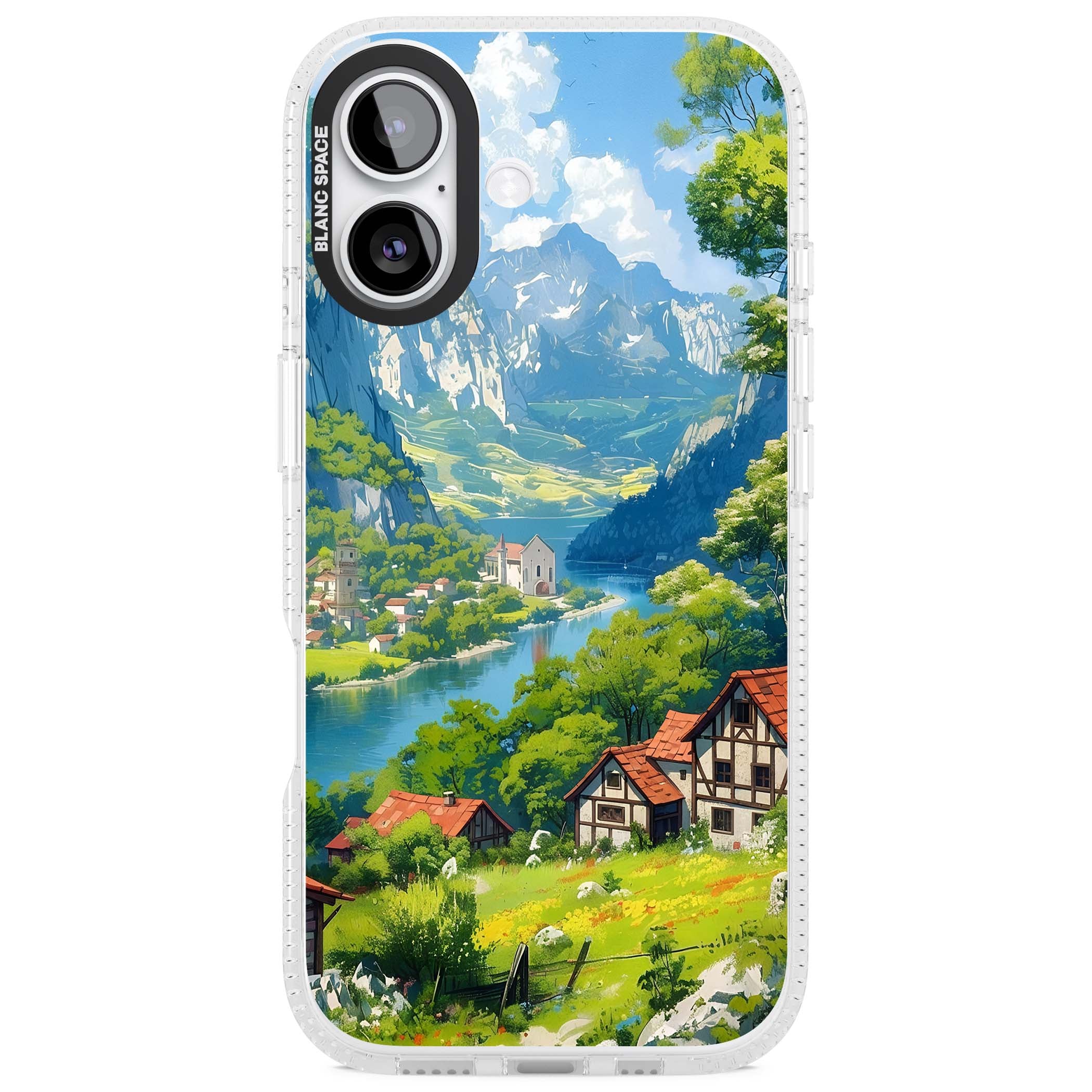 Village In The Valley anime iPhone case featuring a painted mountain village, river valley and half-timbered cottages. | Clear Case Impact Air case for iPhone 17