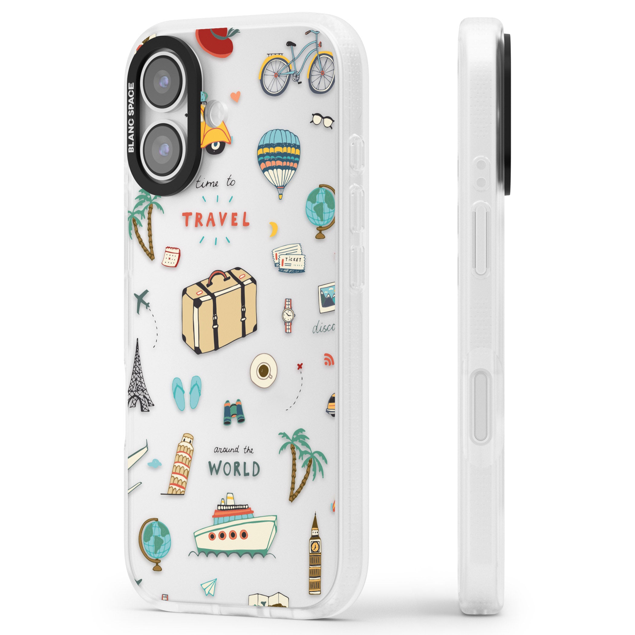 Cute Travel Pattern Transparent iPhone 17 Impact Air Clear Phone Case Side Profile