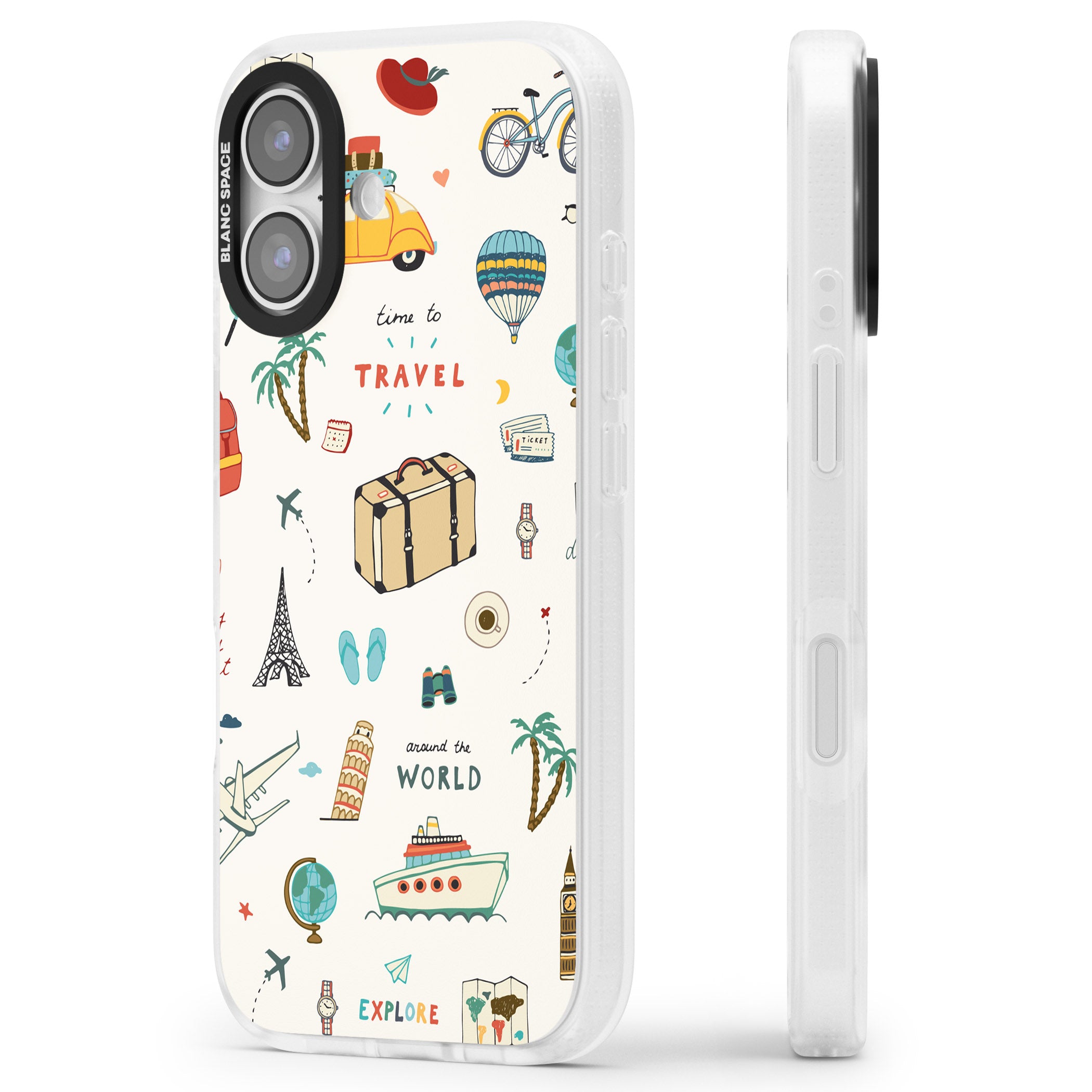 Cute Travel Pattern Cream iPhone 17 Impact Air Clear Phone Case Side Profile
