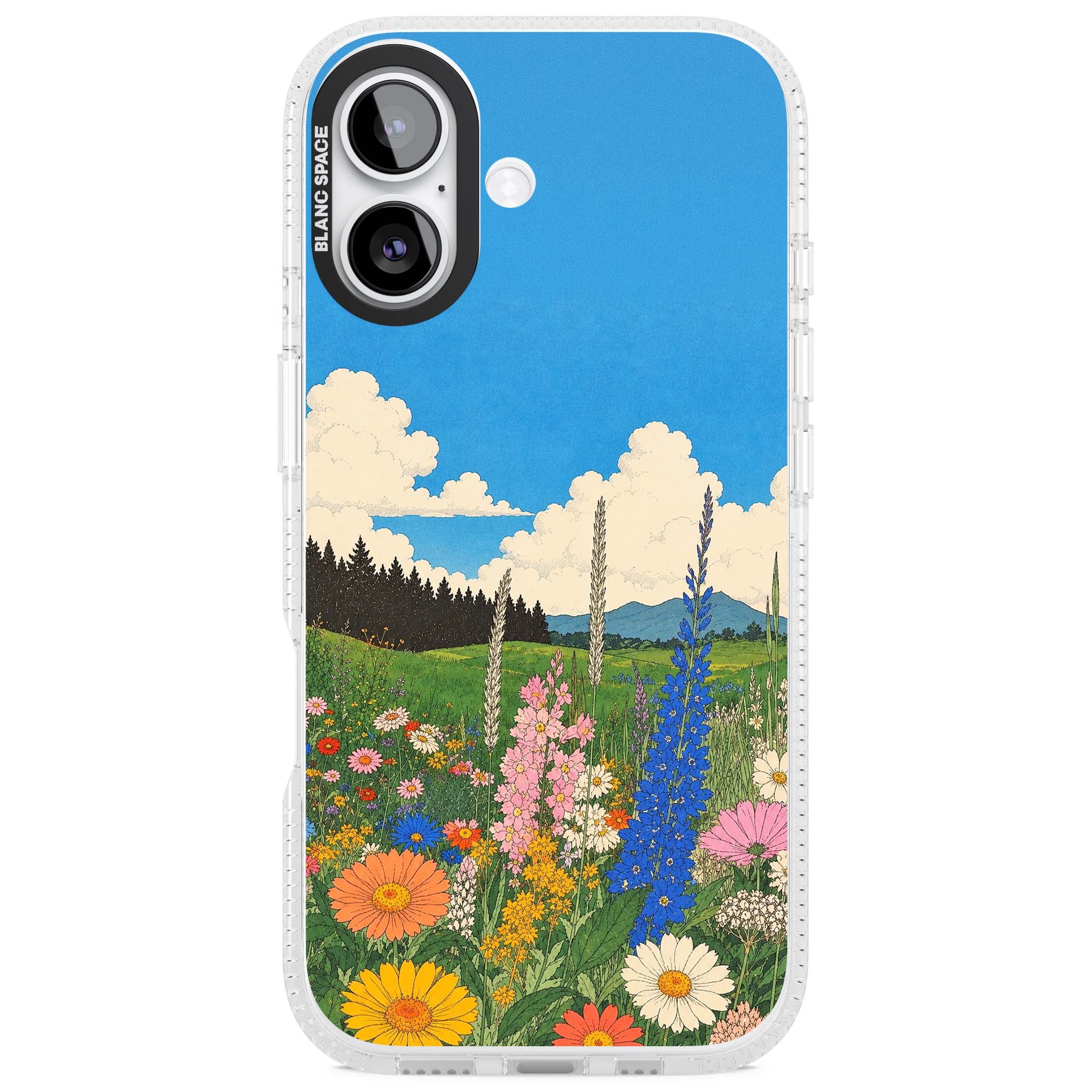Wildbloom wildflower iPhone case featuring a vintage Japanese-style meadow landscape with daisies, delphiniums and moun | Clear Case Impact Air case for iPhone 17