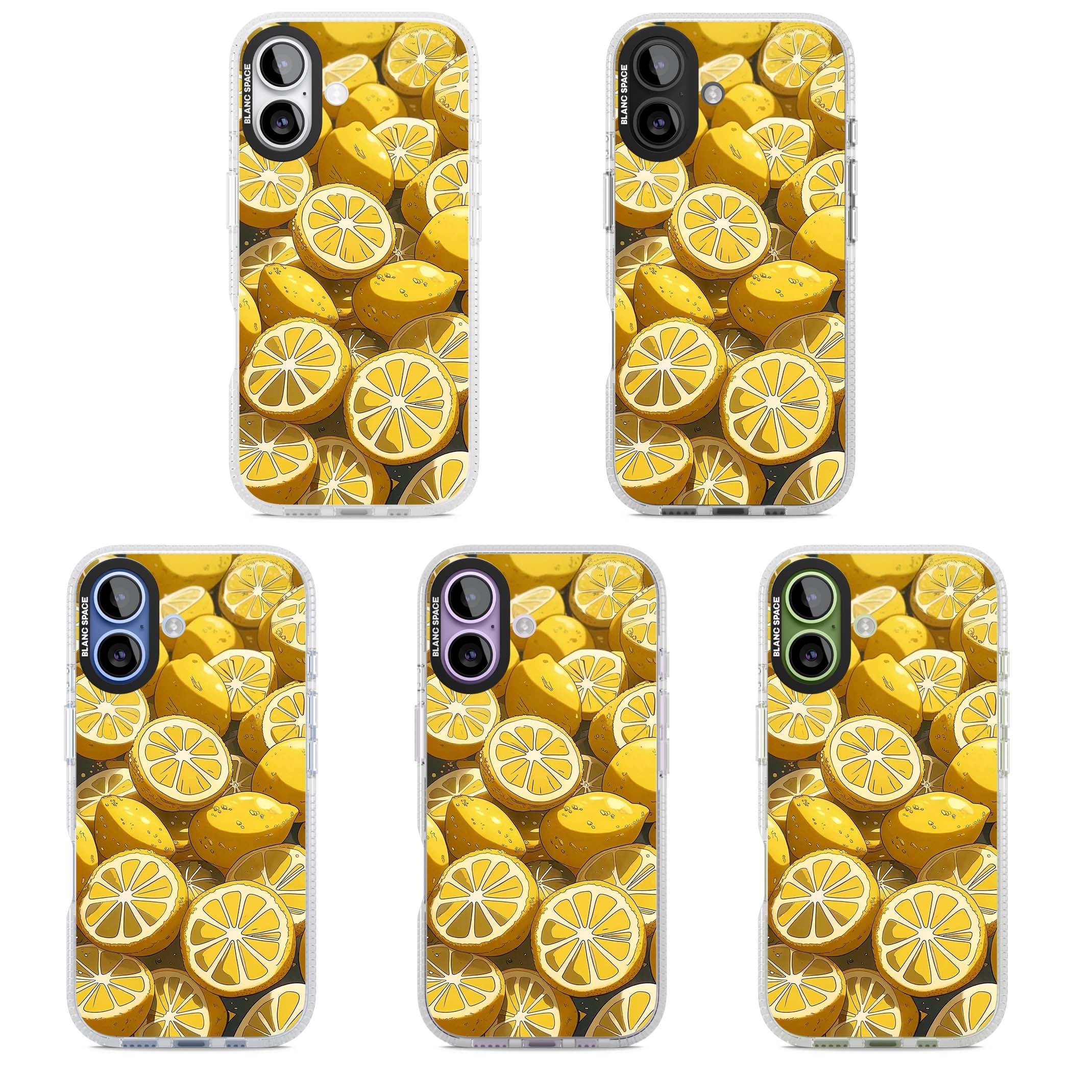 Zesty coastal iPhone case featuring illustrated Mediterranean lemons and citrus slices in golden yellow | Clear Case Impact Air case for iPhone 17