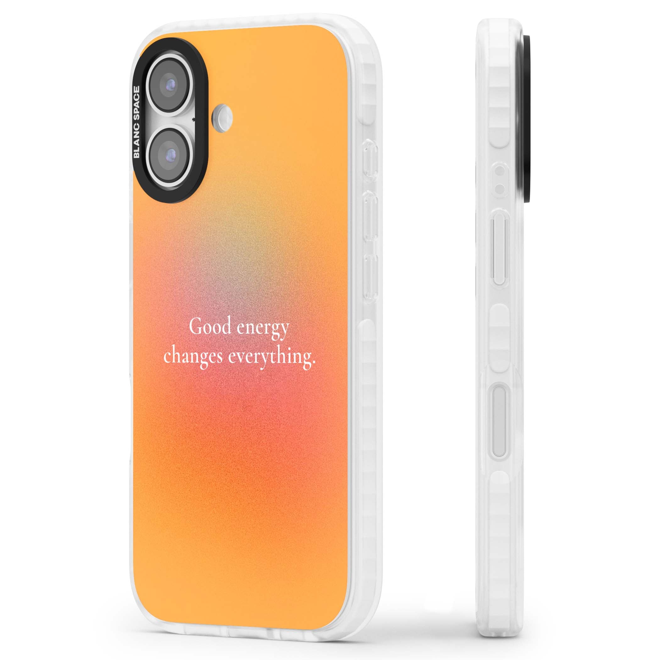 Good Energy quote iPhone case featuring an orange and pink aura gradient with white serif affirmation text | Black Impact case for iPhone 17