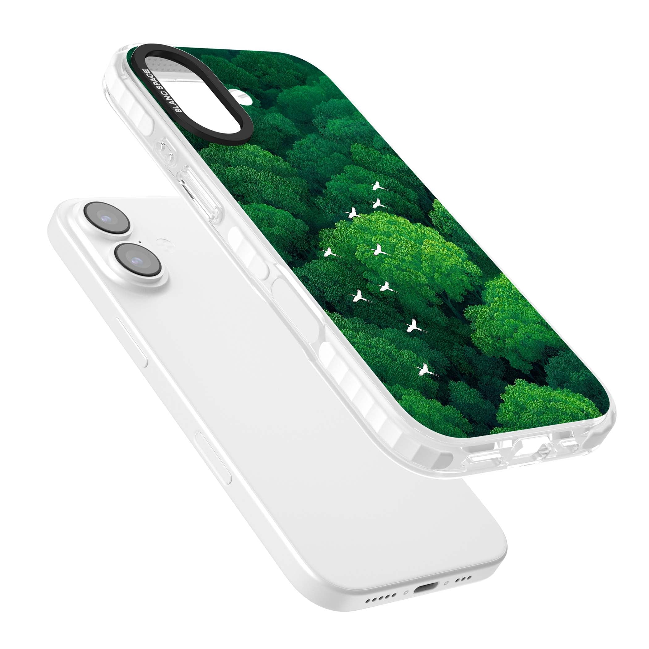 Grove Migration forest iPhone case featuring white cranes flying over lush green treetop canopy | Black Impact case for iPhone 17
