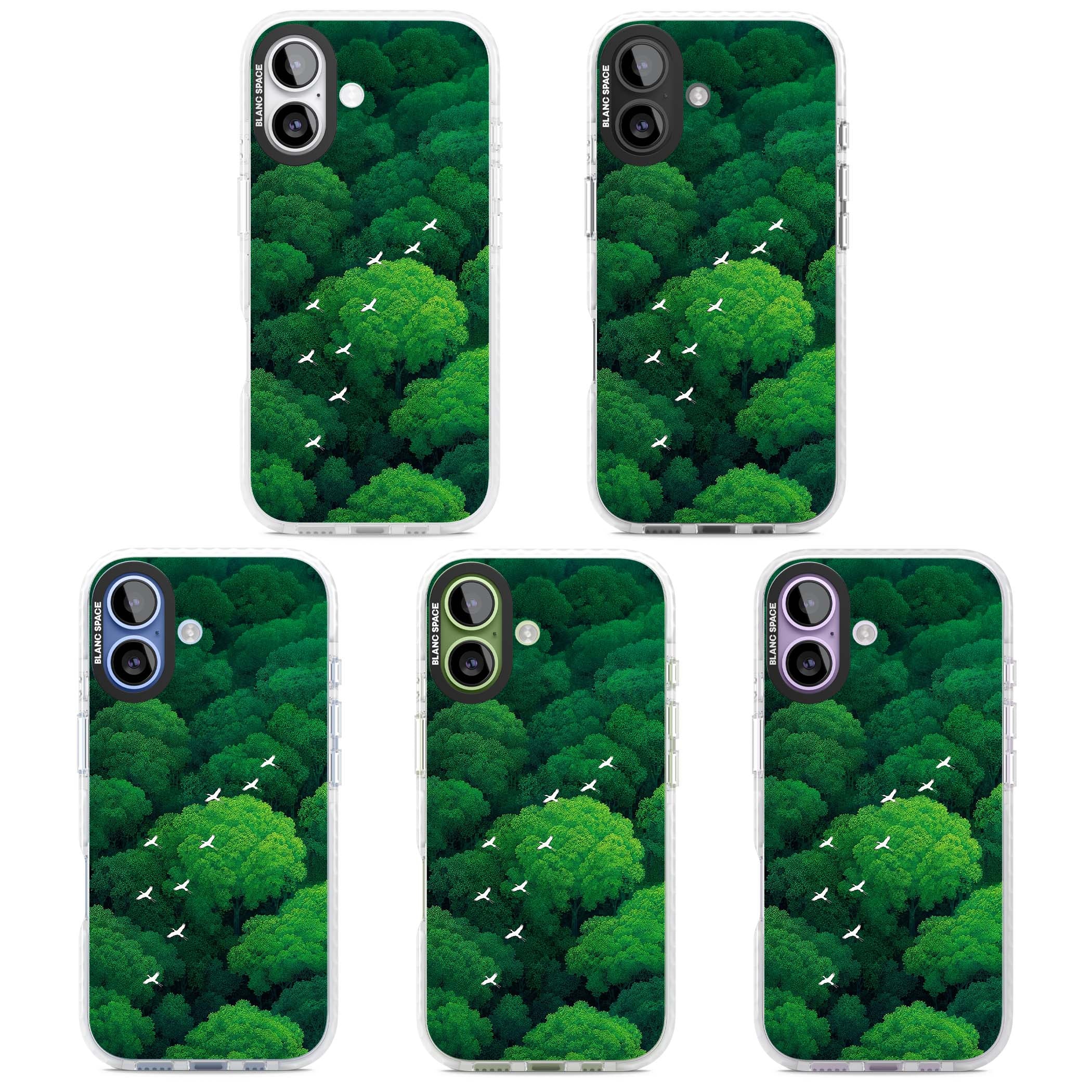 Grove Migration forest iPhone case featuring white cranes flying over lush green treetop canopy | Black Impact case for iPhone 17