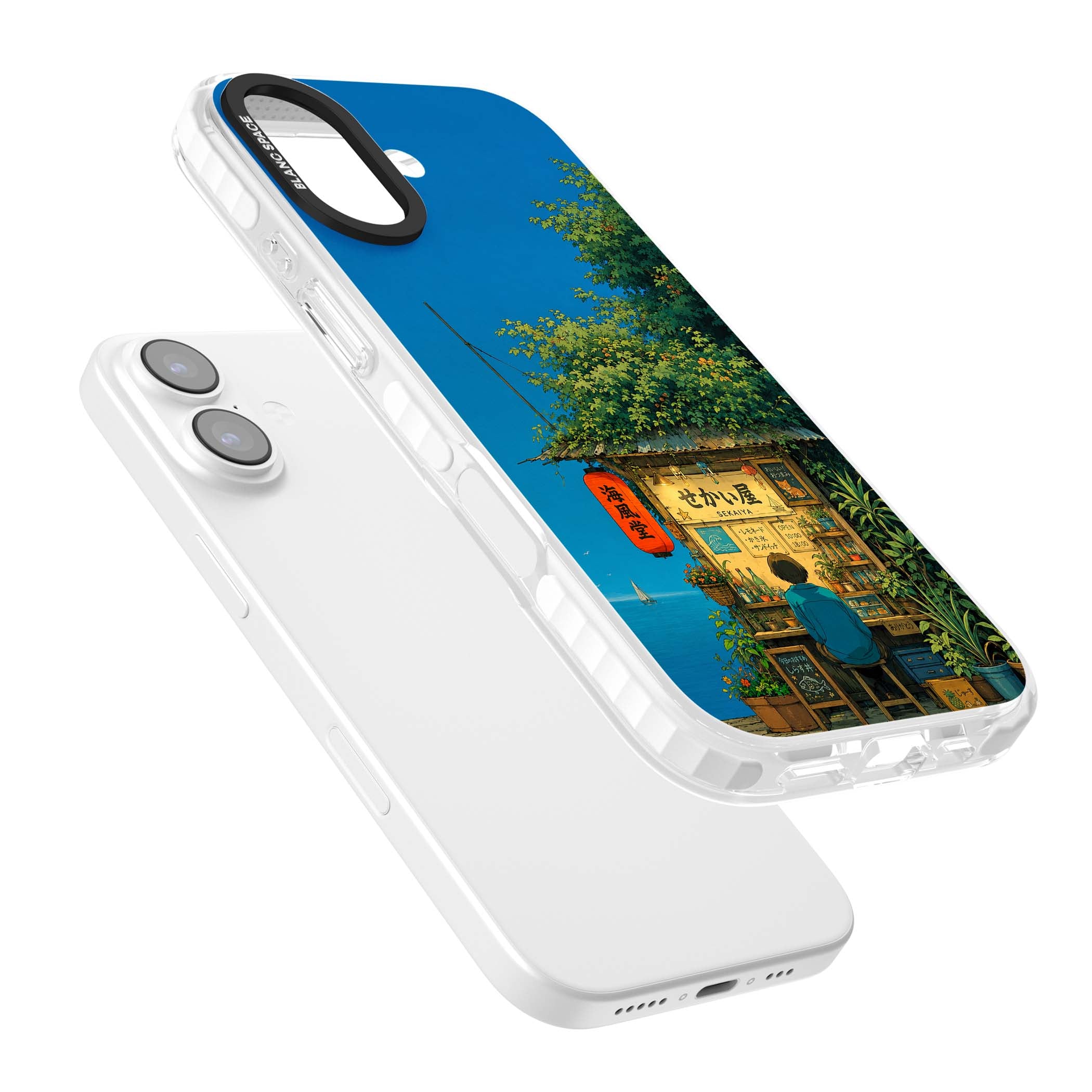 The Shirahama Kiosk anime iPhone case featuring a Japanese seaside shop, red paper lantern and ocean view | Black Impact case for iPhone 17