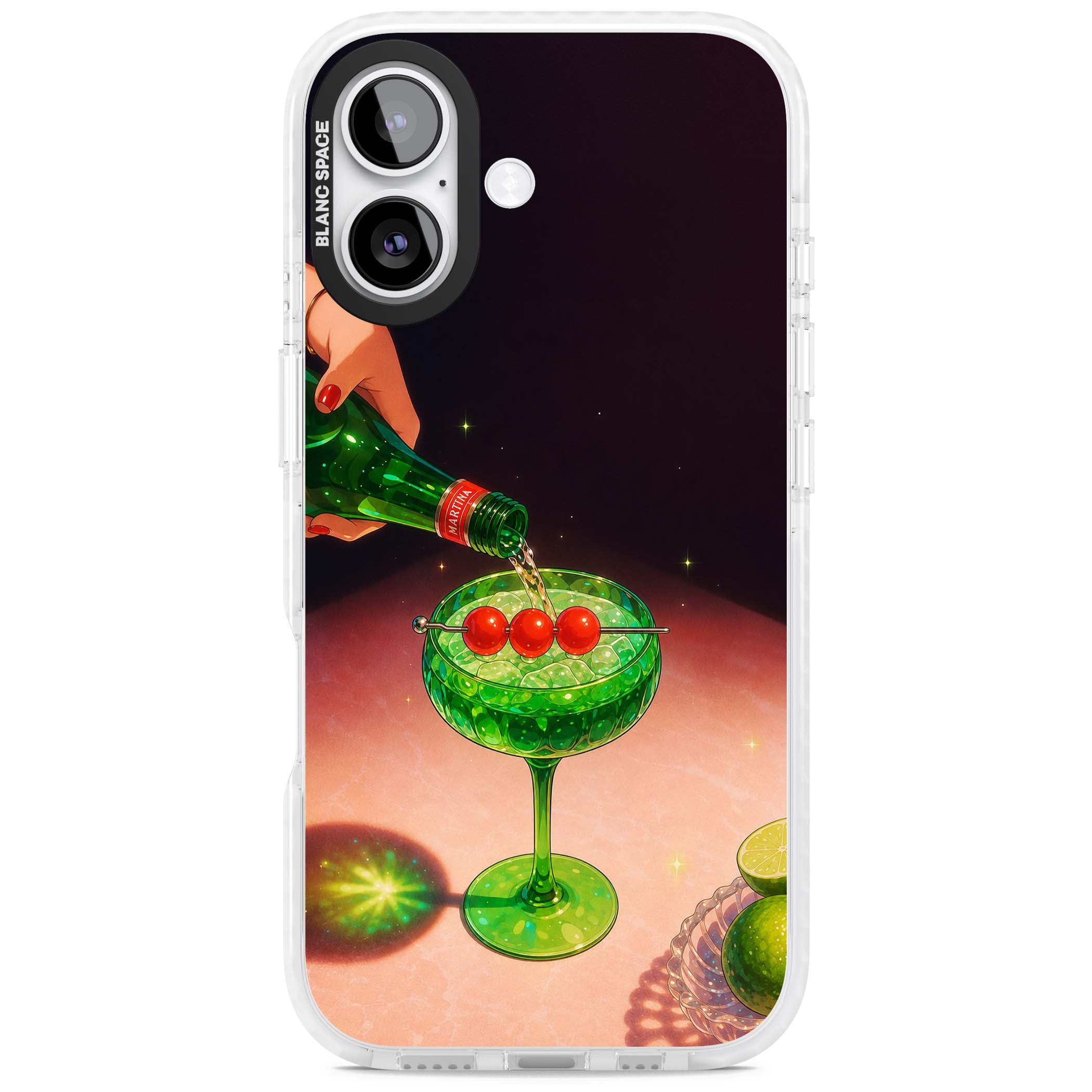Absinthe Hour cocktail iPhone case featuring a green coupe glass, cherry garnish and vintage bottle pour illustration | Black Impact case for iPhone 17