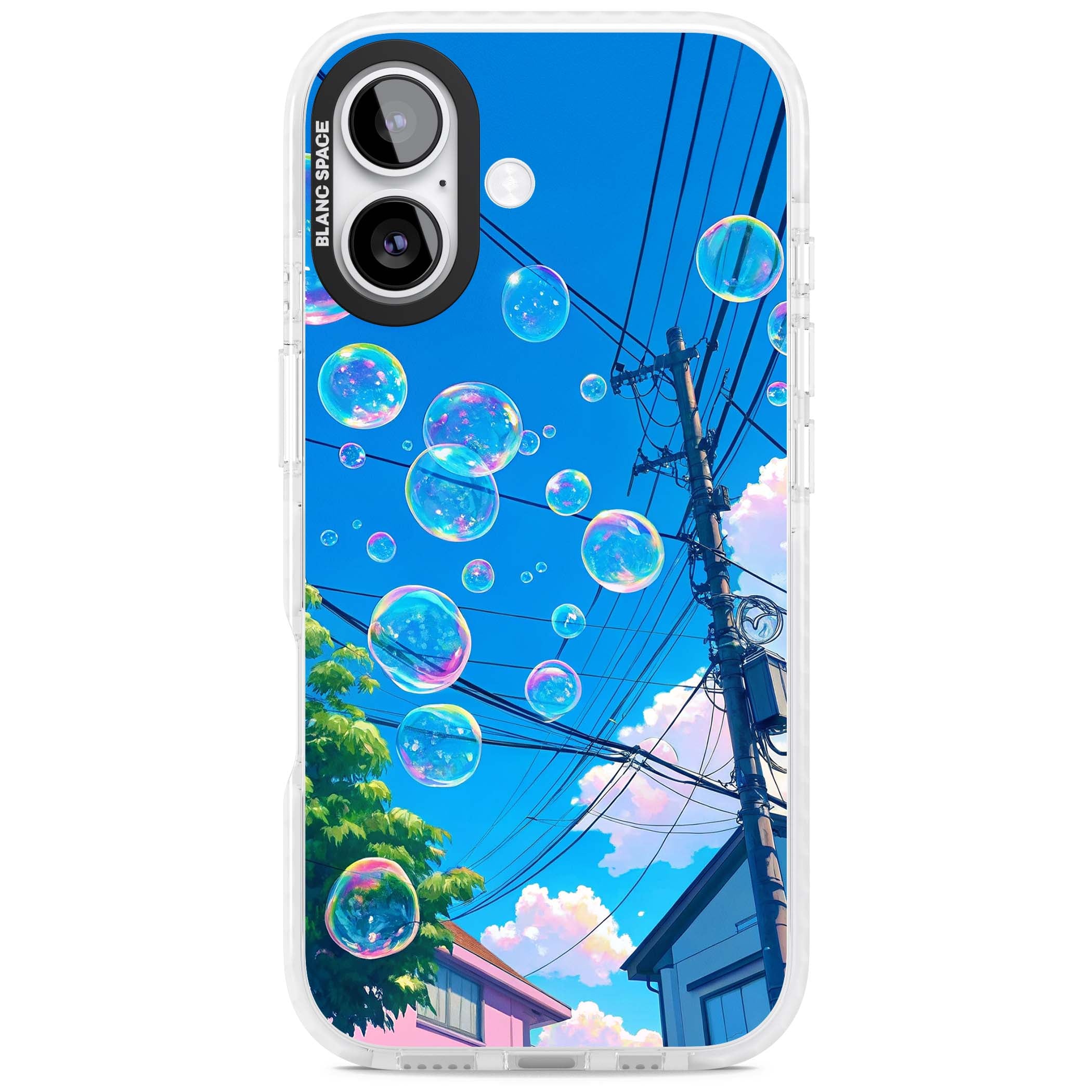 Suburban Bubbles anime iPhone case featuring iridescent soap bubbles, blue sky and Japanese telephone wires | Black Impact case for iPhone 17