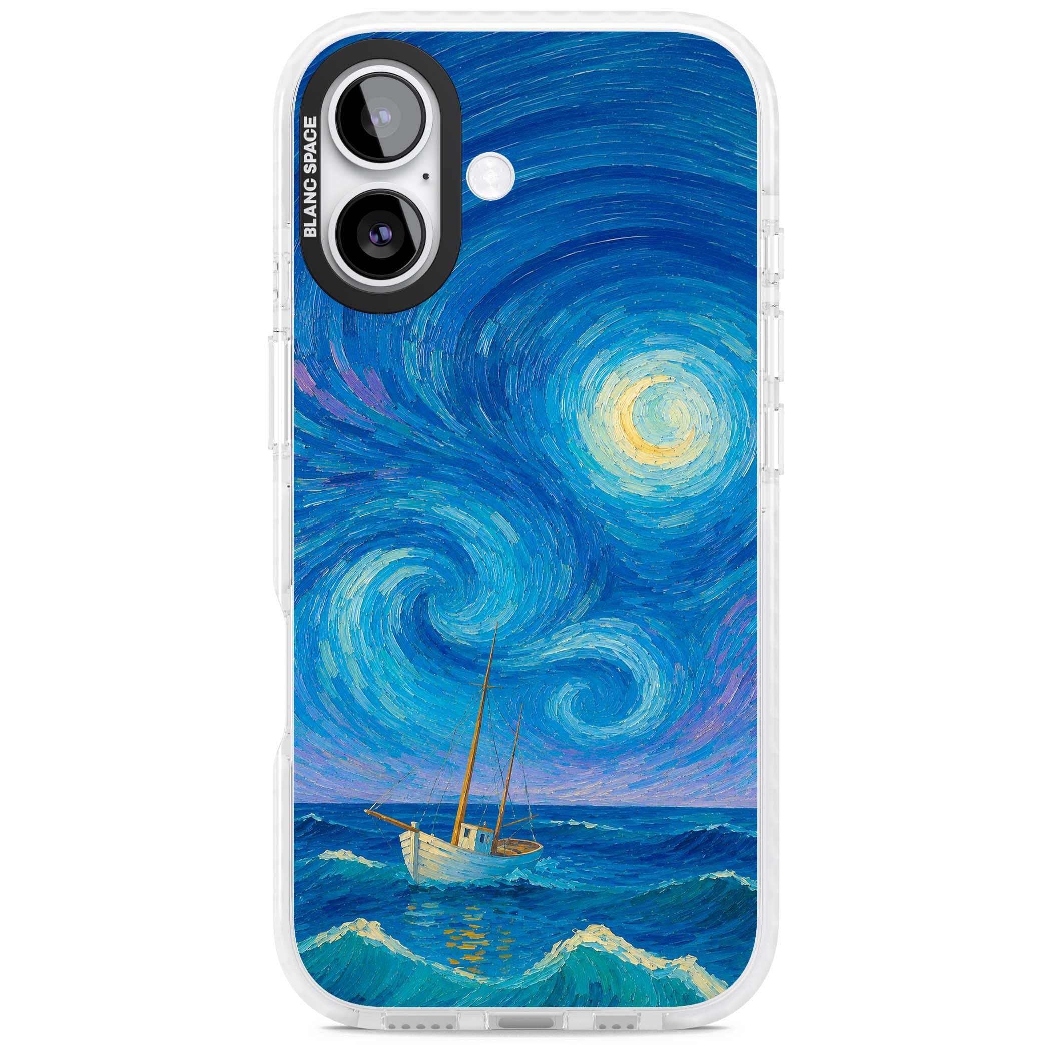 Moonlit Tide Van Gogh art iPhone case featuring swirling starry night sky, glowing moon and lone sailing boat at sea | Black Impact case for iPhone 17