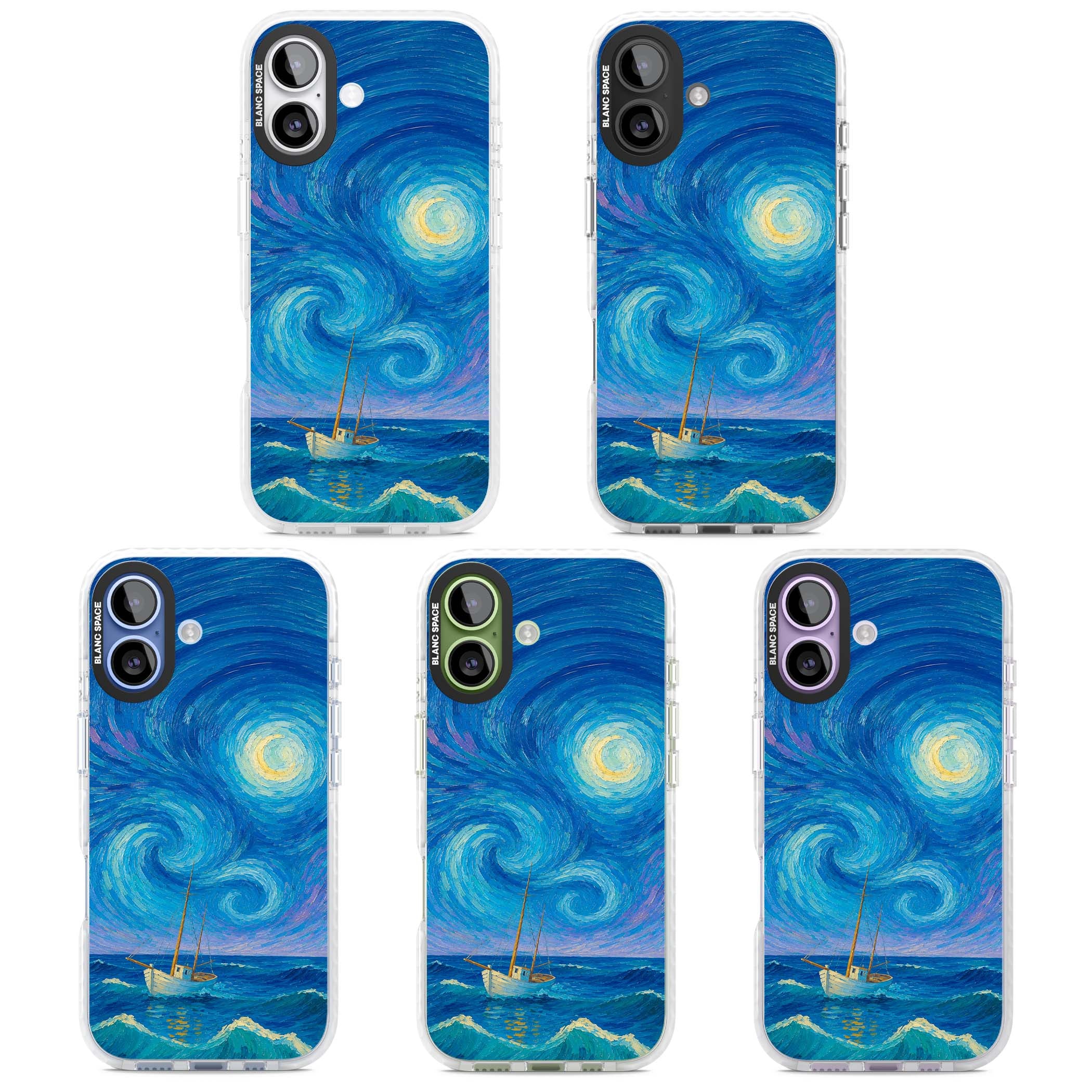 Moonlit Tide Van Gogh art iPhone case featuring swirling starry night sky, glowing moon and lone sailing boat at sea | Black Impact case for iPhone 17