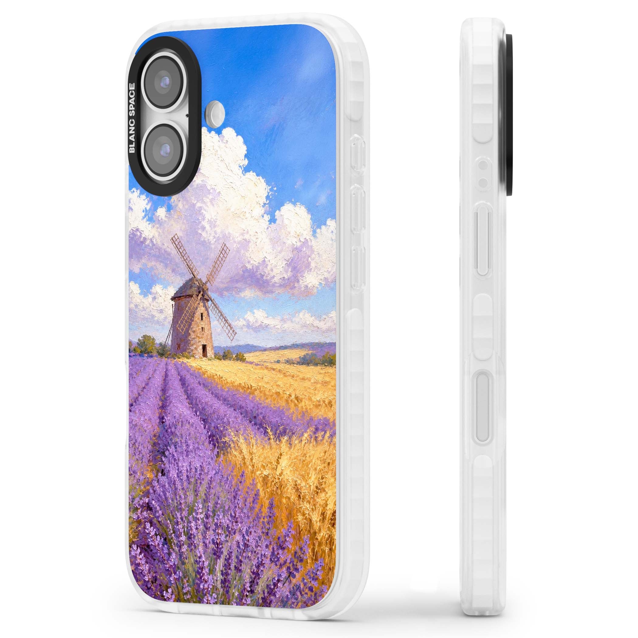 Lavender Mill cottagecore iPhone case featuring a French windmill, lavender field and golden wheat oil painting | Black Impact case for iPhone 17