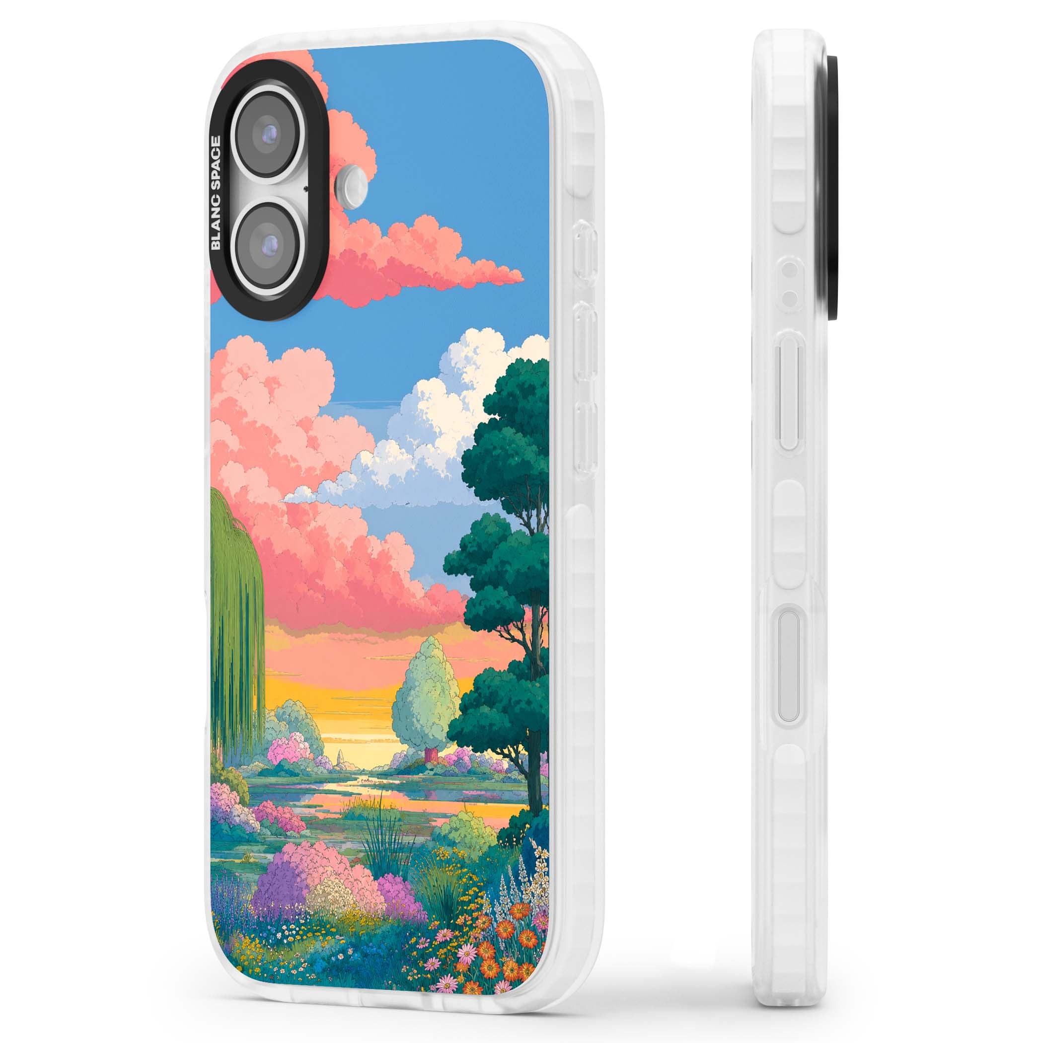 Dream Valley anime landscape iPhone case featuring pink sunset clouds, willow trees and wildflowers | Black Impact case for iPhone 17