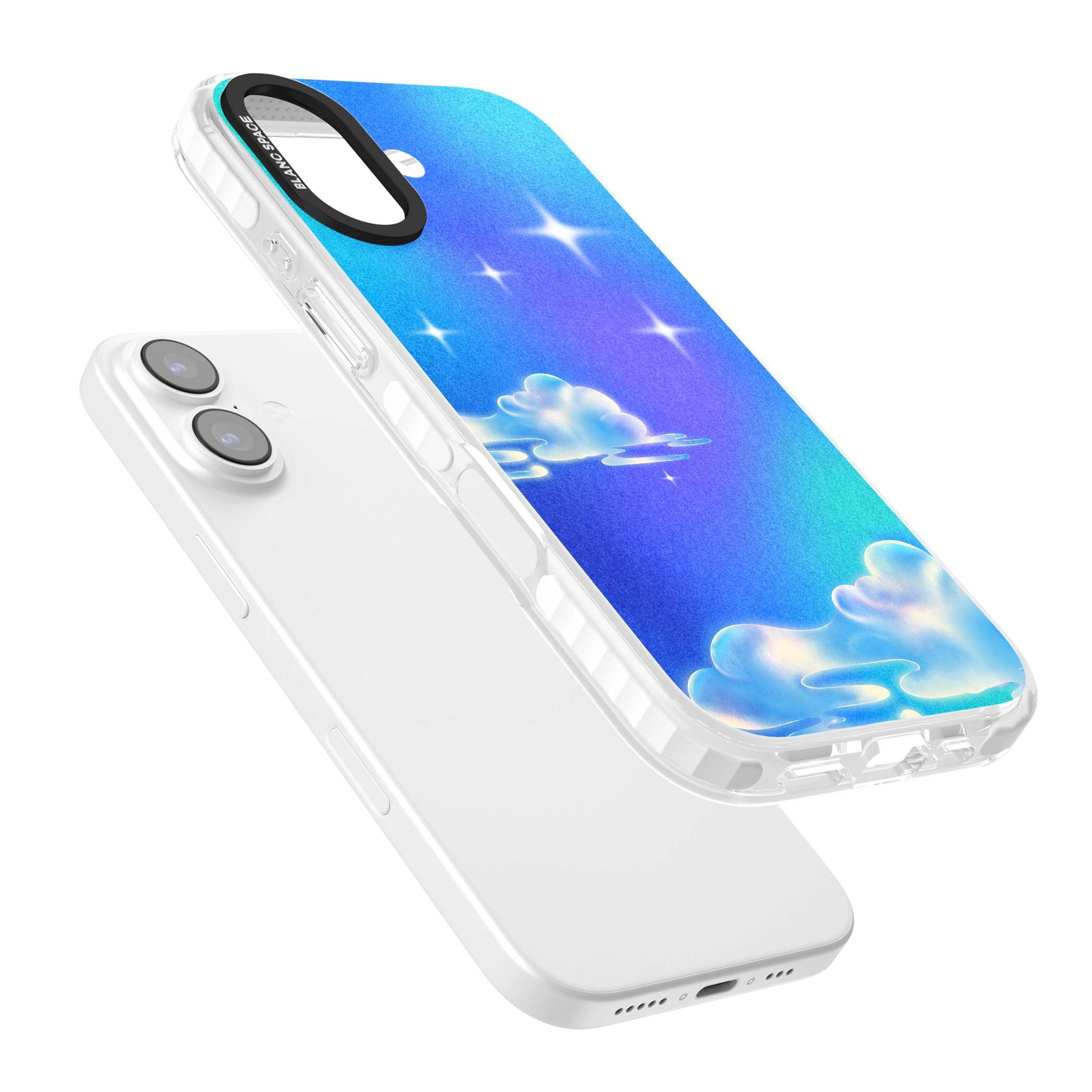 Aurora celestial iPhone case featuring dreamy iridescent clouds, sparkling stars and pastel blue purple sky | Black Impact case for iPhone 17