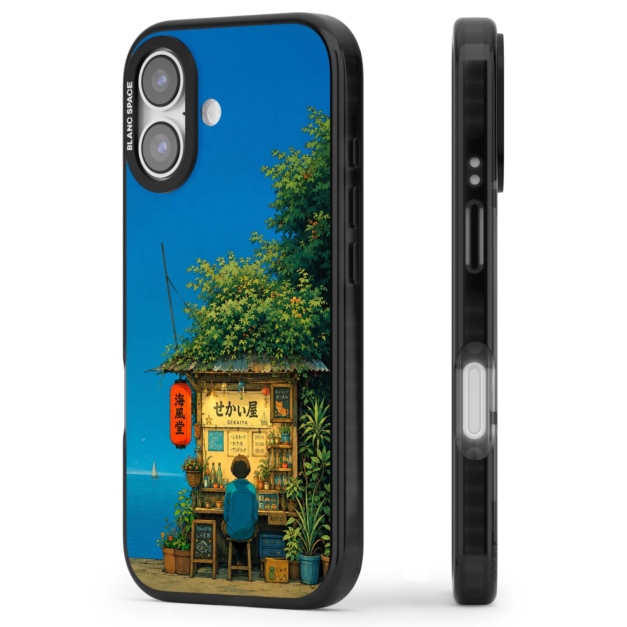 The Shirahama Kiosk anime iPhone case featuring a Japanese seaside shop, red paper lantern and ocean view | Clear Impact case for iPhone 17