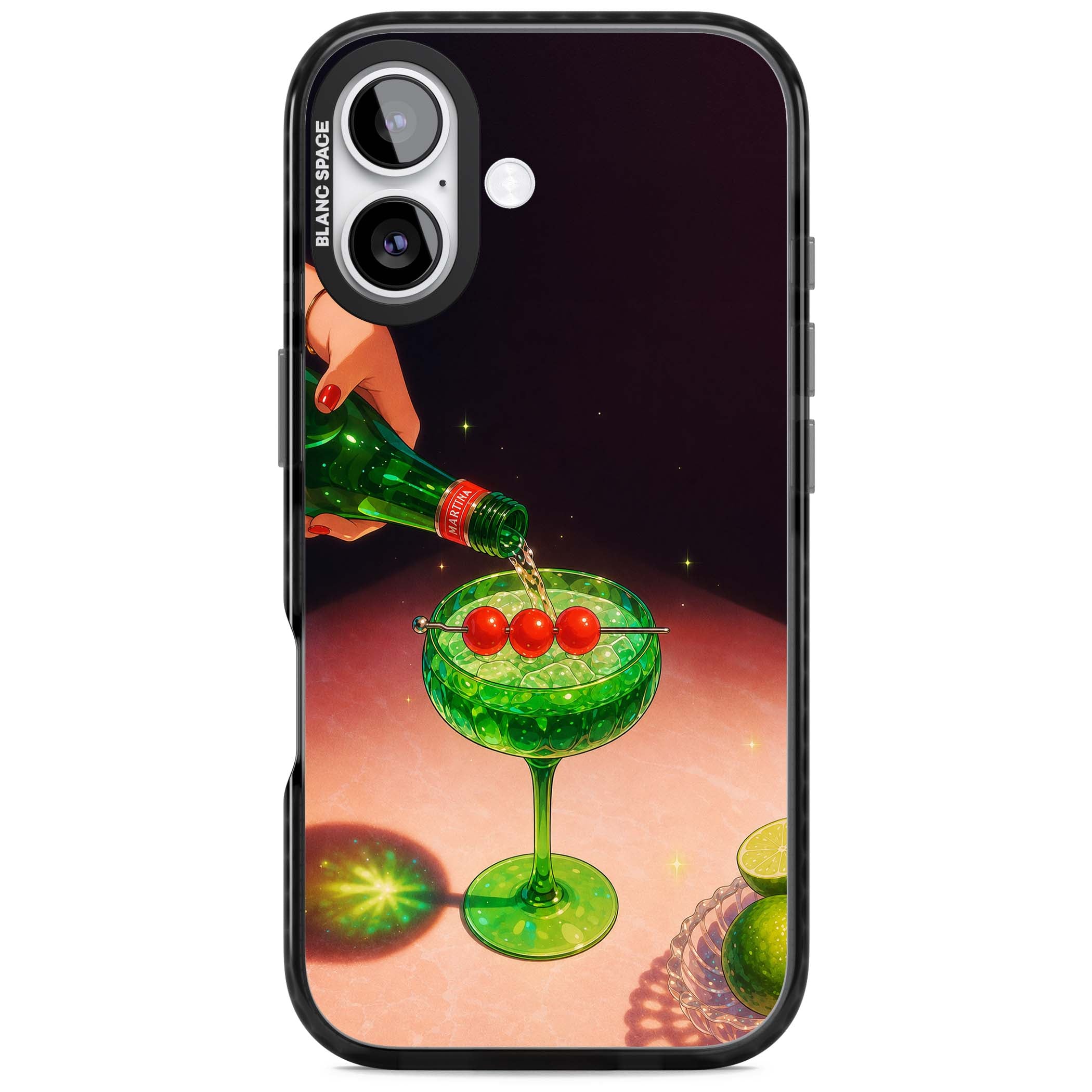 Absinthe Hour cocktail iPhone case featuring a green coupe glass, cherry garnish and vintage bottle pour illustration | Clear Impact case for iPhone 17