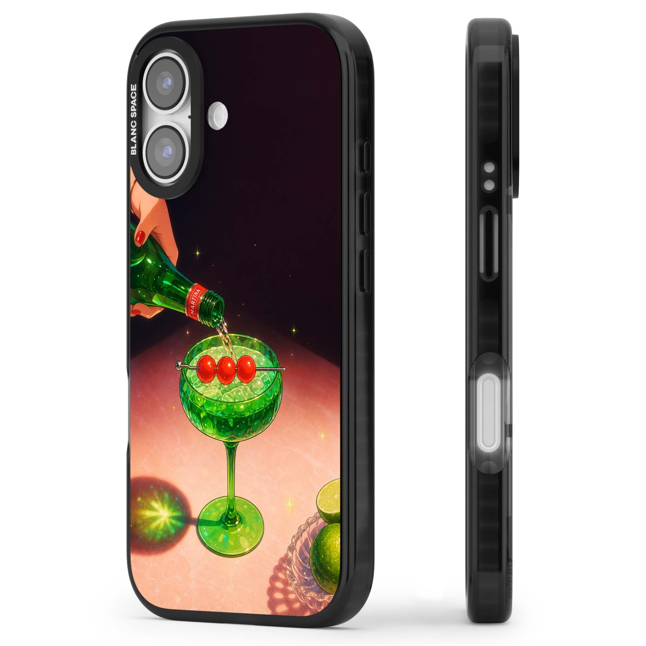 Absinthe Hour cocktail iPhone case featuring a green coupe glass, cherry garnish and vintage bottle pour illustration | Clear Impact case for iPhone 17