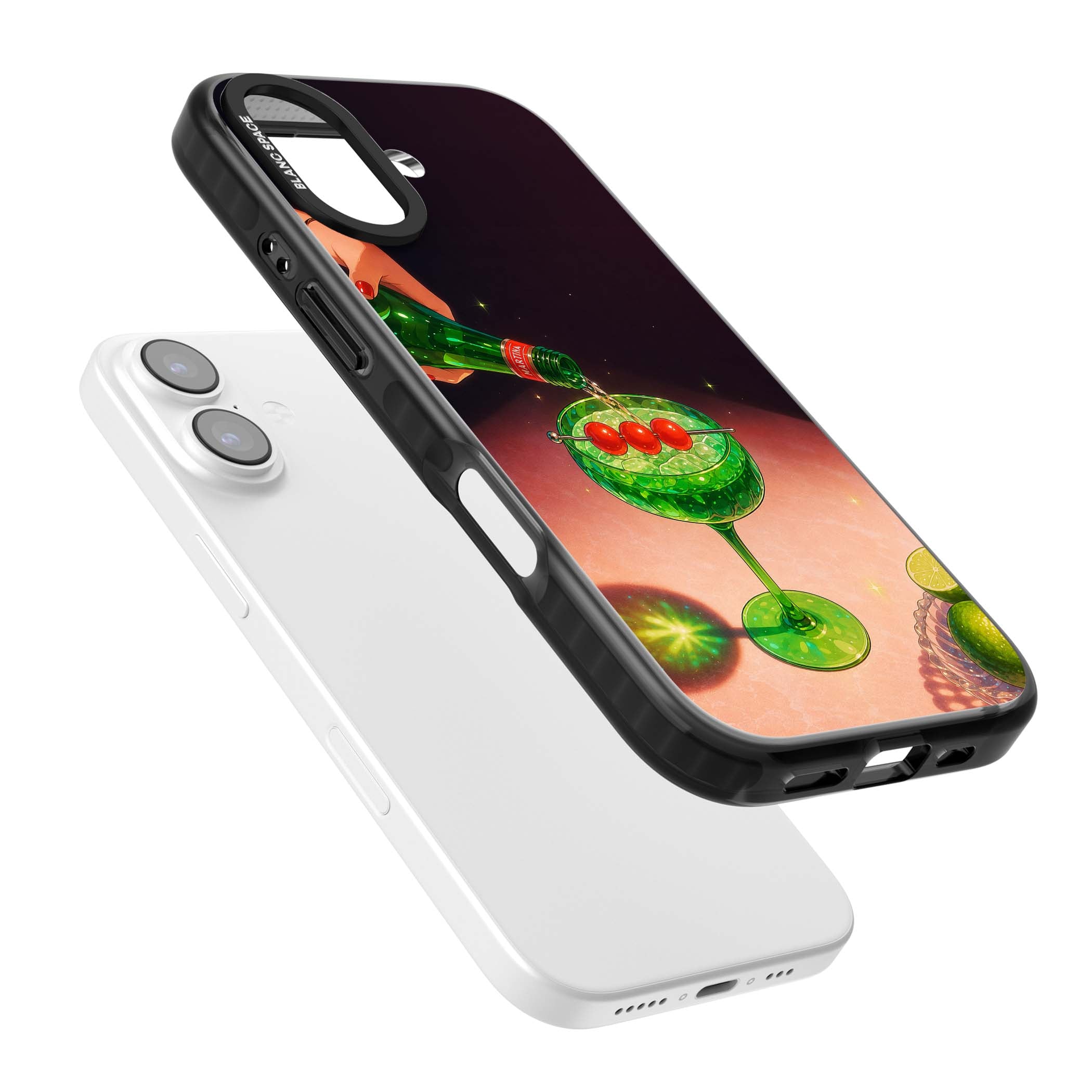 Absinthe Hour cocktail iPhone case featuring a green coupe glass, cherry garnish and vintage bottle pour illustration | Clear Impact case for iPhone 17